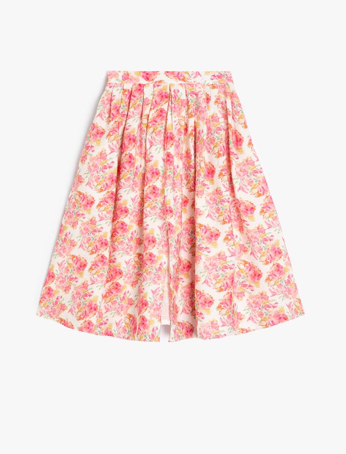 Kız Çocuk Midi Etek Çiçekli Yırtmaç Detaylı Viskon Kumaş