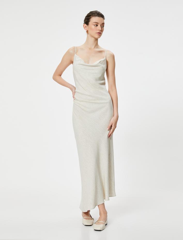  Uzun Elbise Keten Karışımlı Degaje Yaka Askılı Drapeli