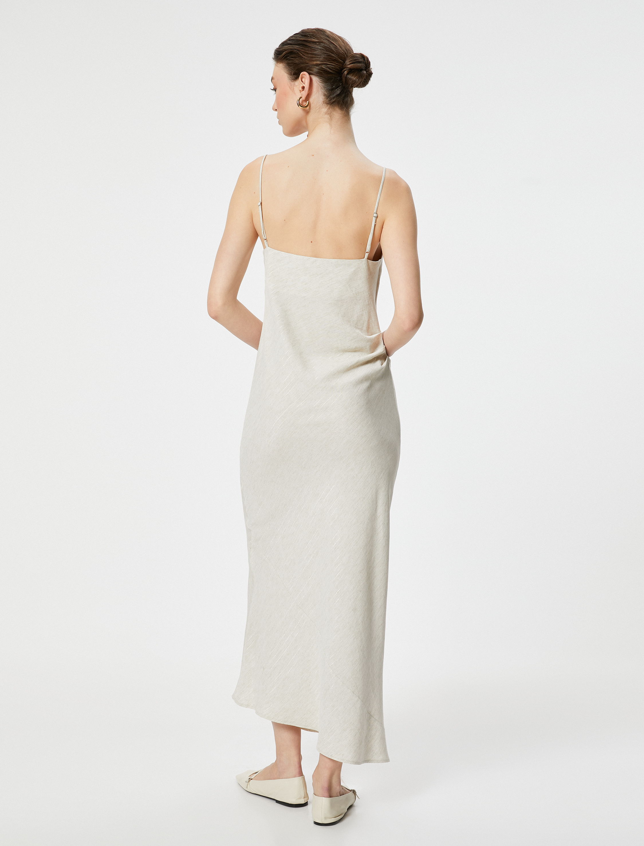 Uzun Elbise Keten Karışımlı Degaje Yaka Askılı Drapeli