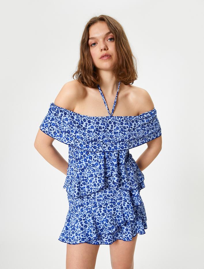  Mini Tulum Çiçekli Kayık Yaka Boyundan Bağlamalı Bürümcük