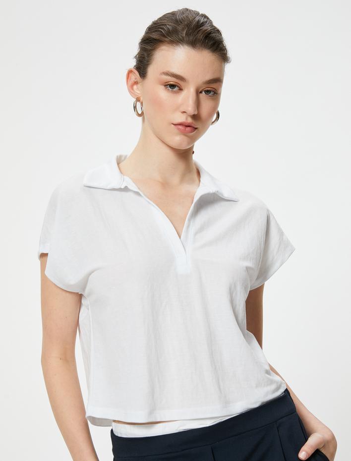  Basic Gömlek Yaka Tişört Crop Kısa Kollu