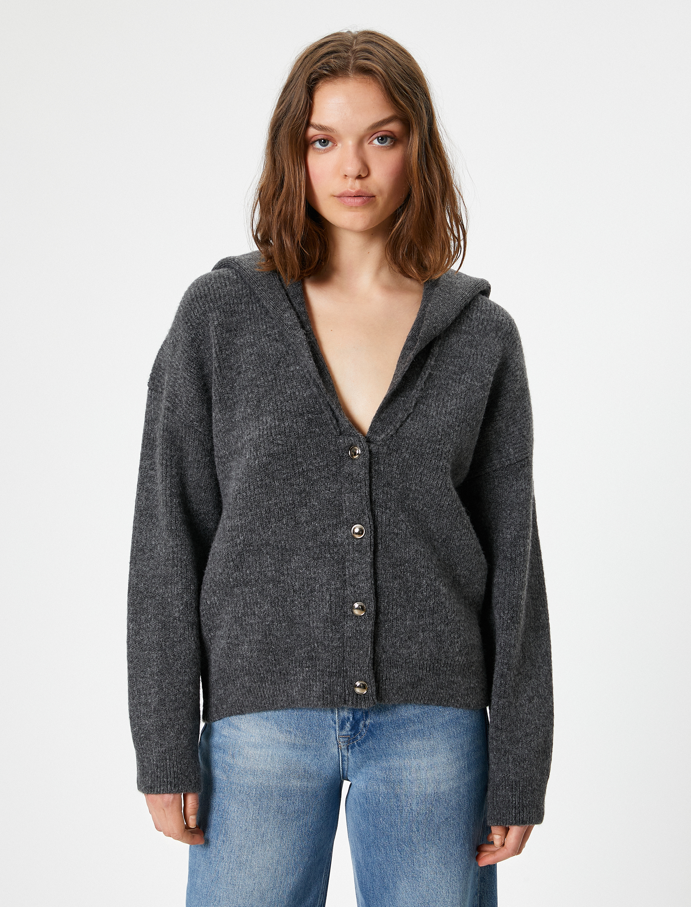   Kapüşonlu V Yaka Düğmeli Uzun Kollu Hırka