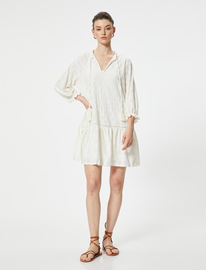  Fistolu Elbise Uzun Kollu Yakası Bağlamalı