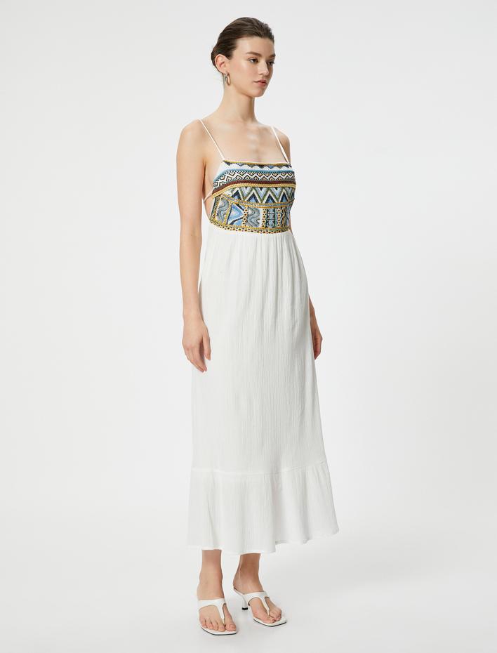  Askılı Elbise Dokulu Kare Yaka Pamuklu