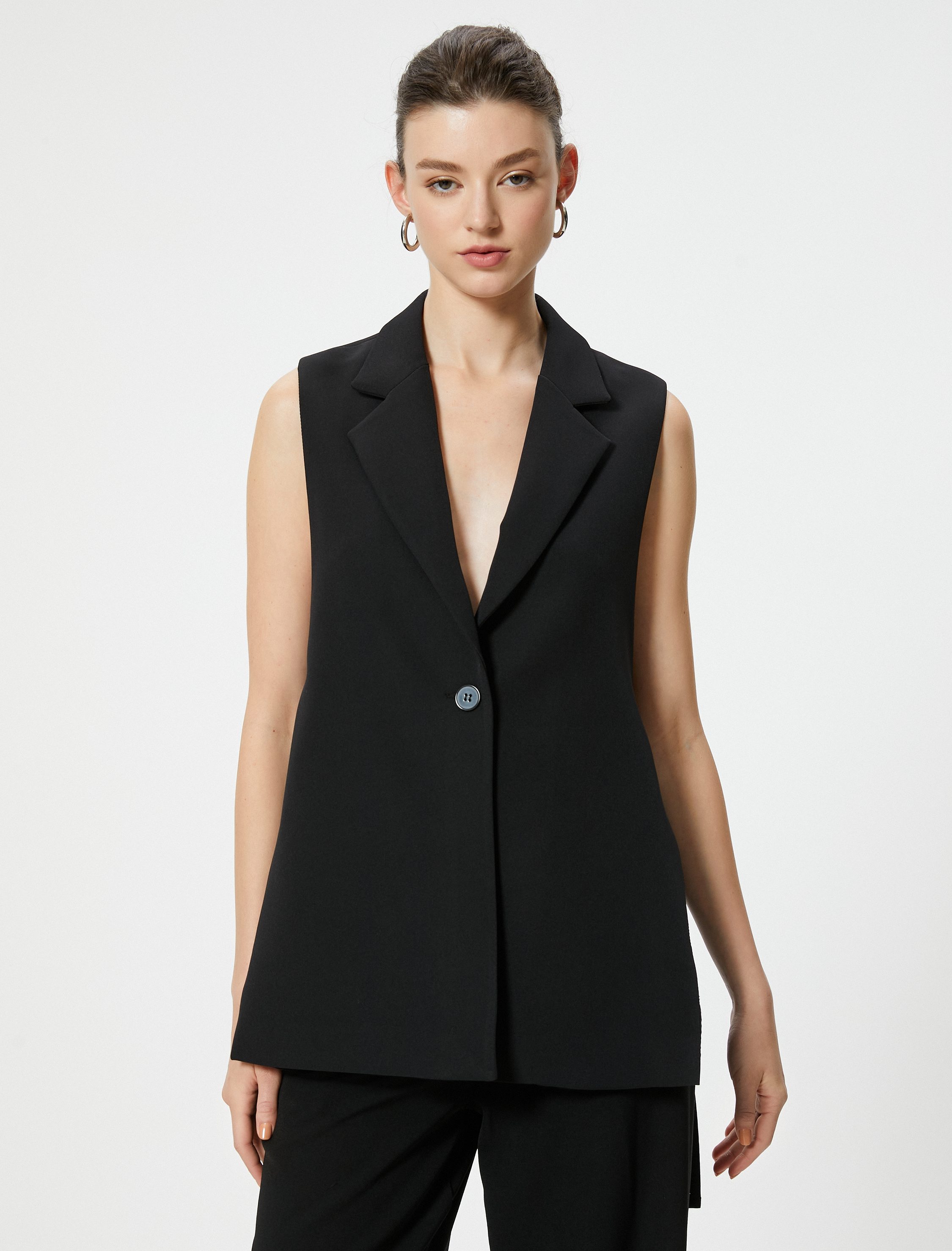   Uzun Yelek Yanları Yırtmaçlı Kemer Detaylı Kruvaze Yaka