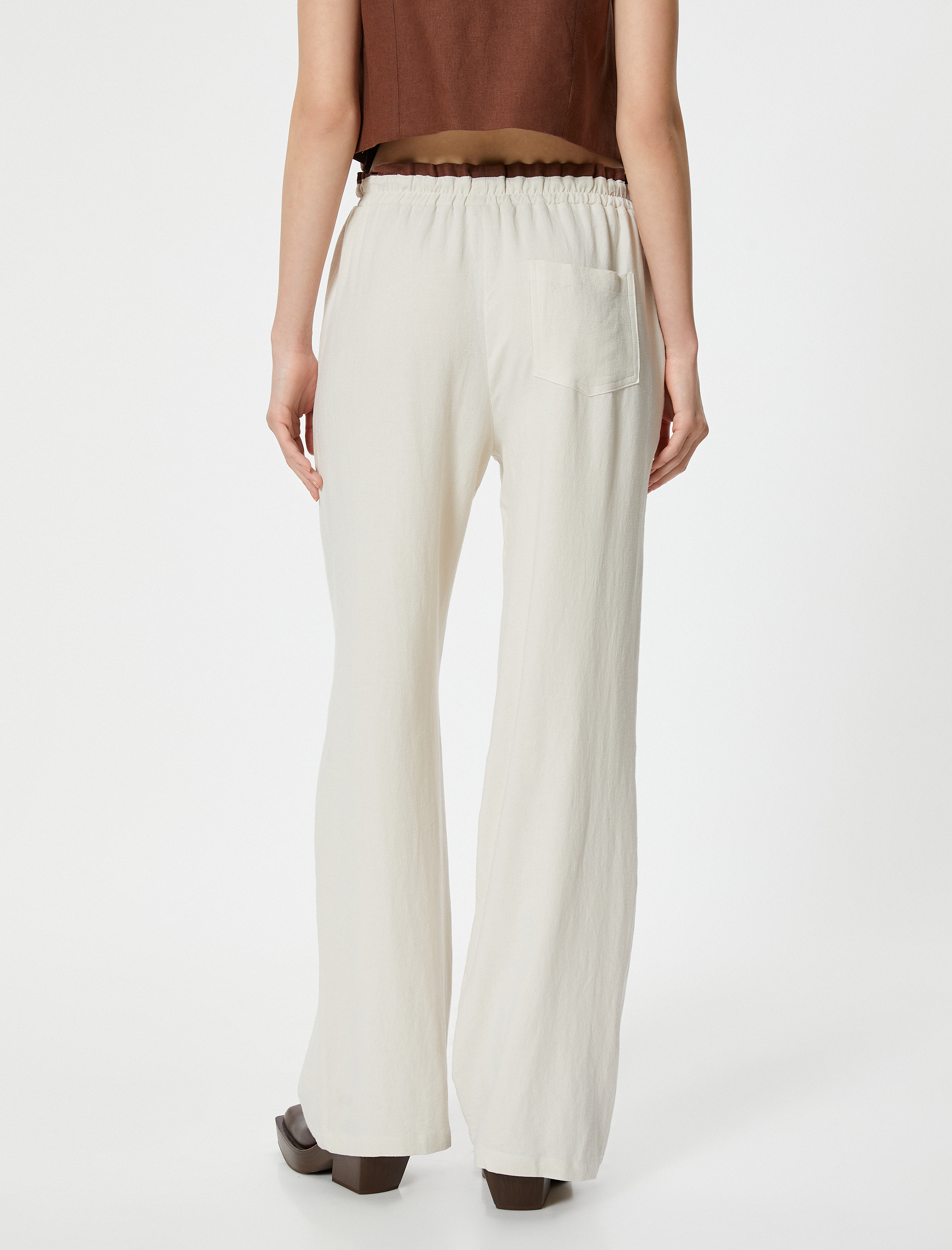   Keten Pantolon Renk Kontrastlı Beli Bağlamalı Cepli