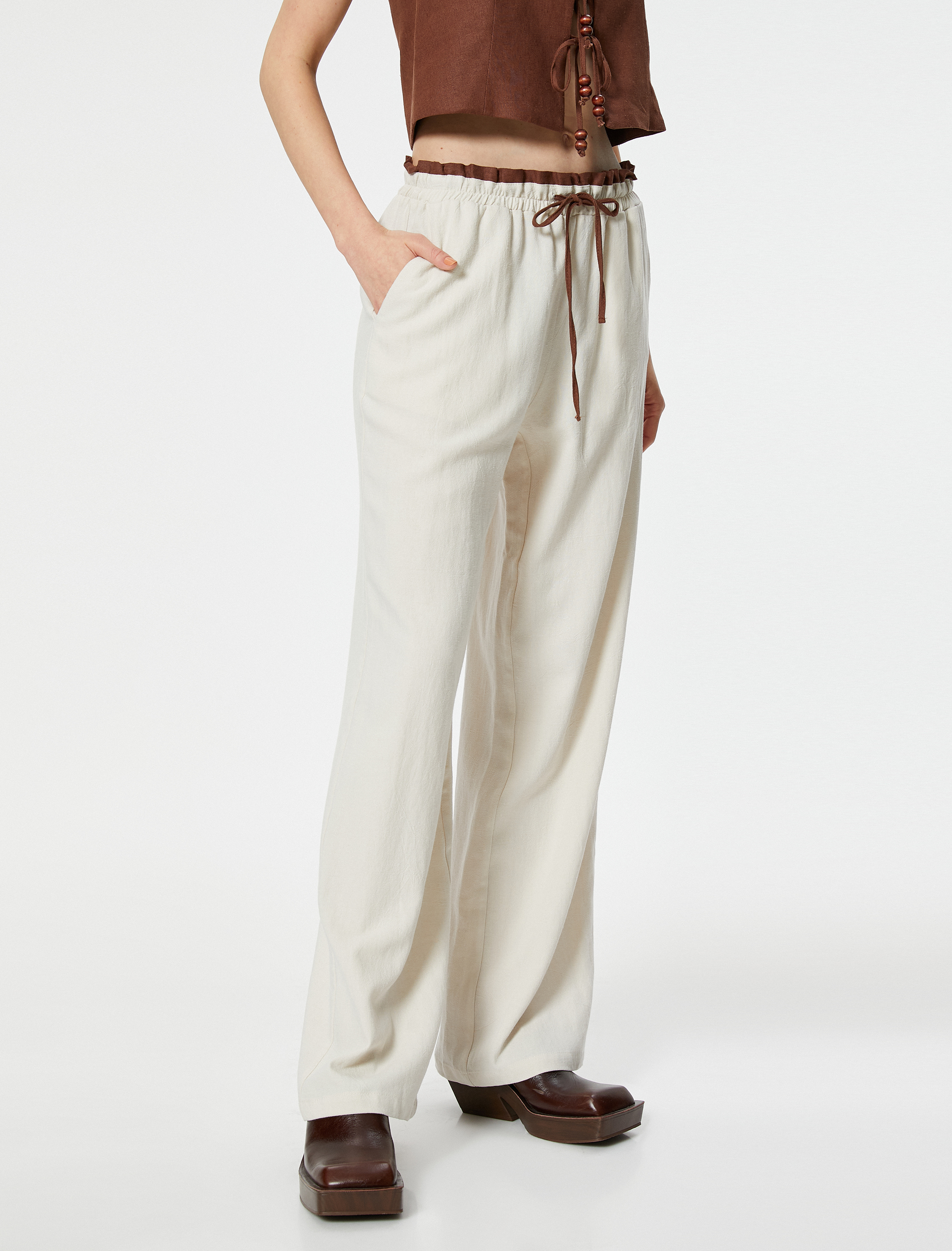   Keten Pantolon Renk Kontrastlı Beli Bağlamalı Cepli