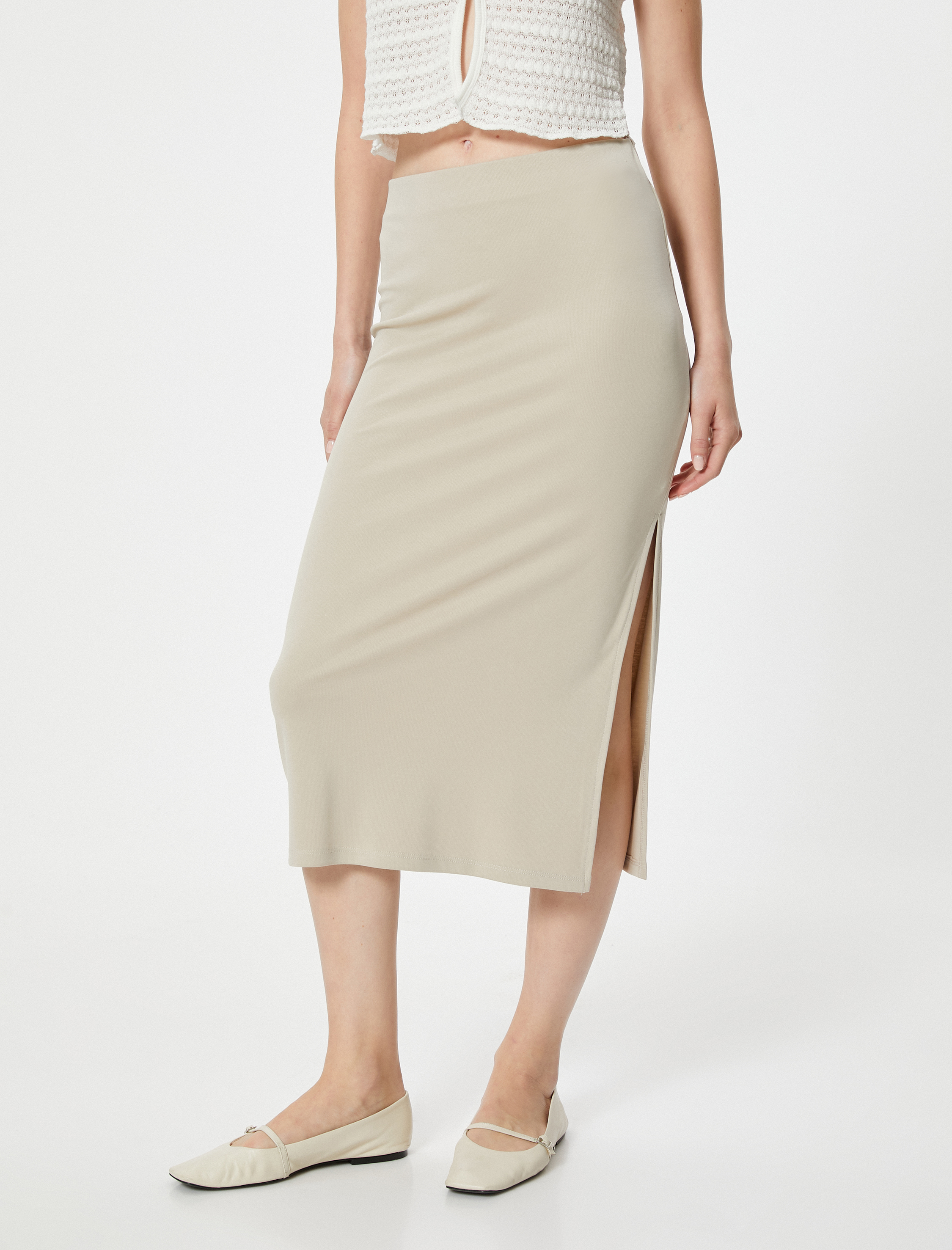   Midi Kalem Etek Yırtmaç Detaylı Modal Kumaş