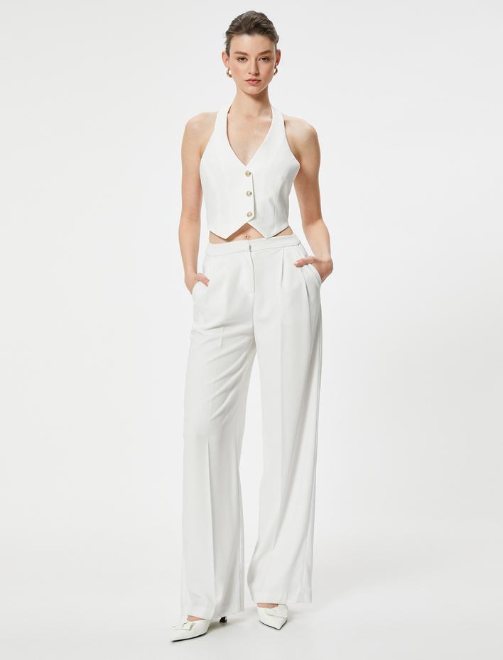  Crop Yelek V Yaka Düğmeli Standart Kesim