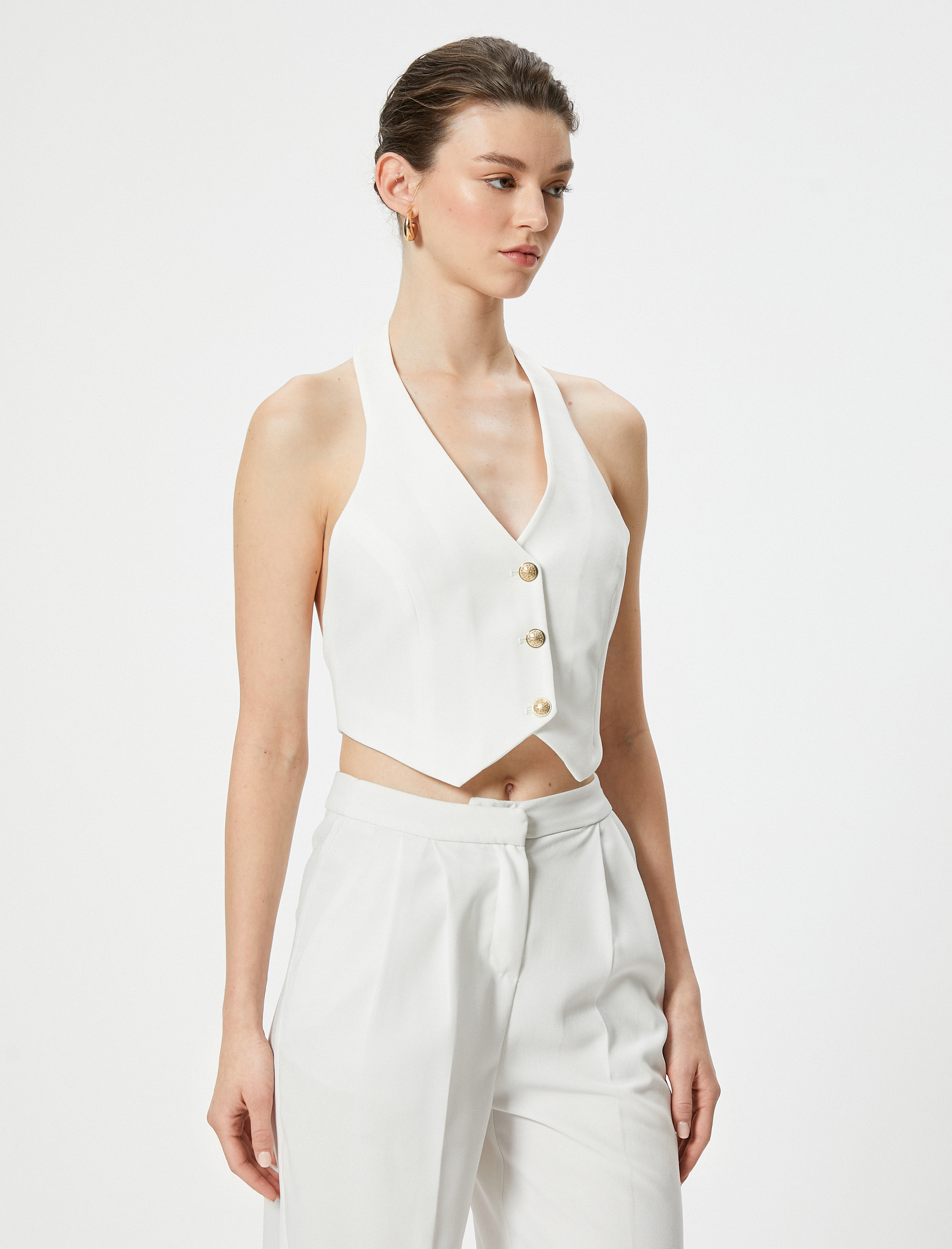   Crop Yelek V Yaka Düğmeli Standart Kesim