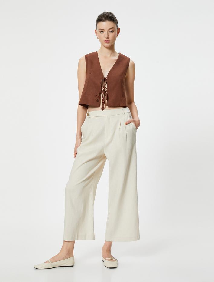  Keten Pantolon Bol Paça Crop