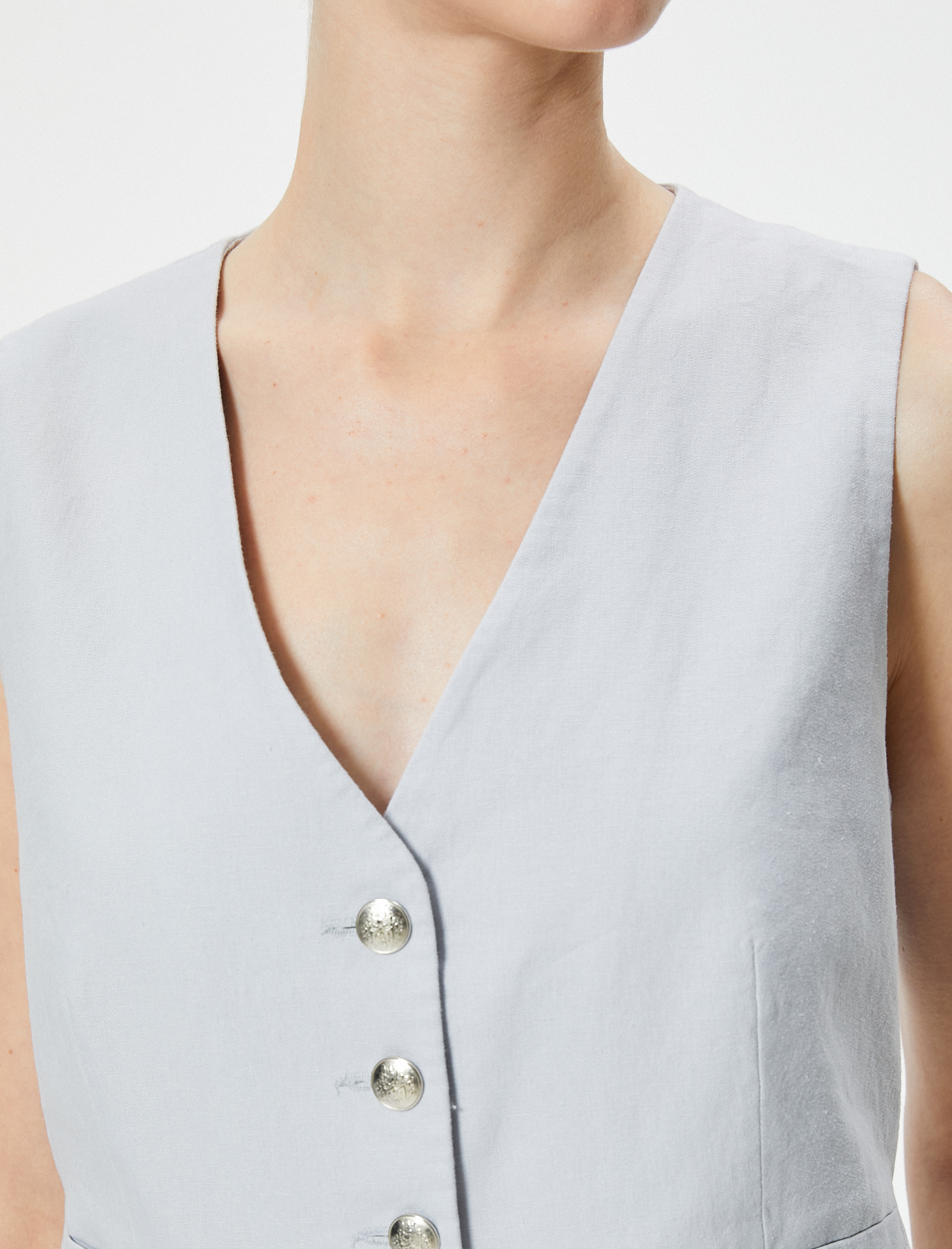   Keten Karışımlı Blazer Yelek V Yaka Düğmeli Fleto Cepli