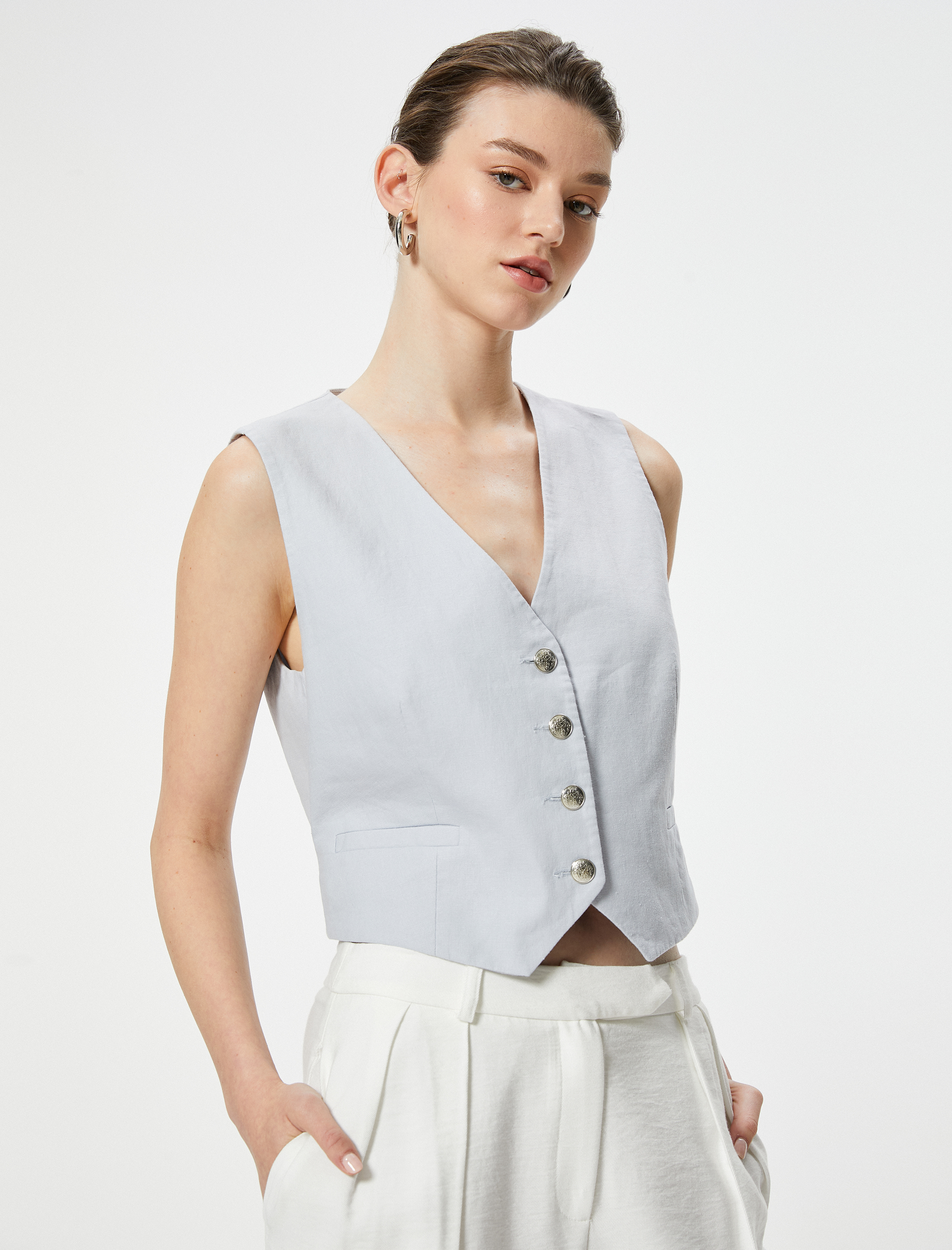   Keten Karışımlı Blazer Yelek V Yaka Düğmeli Fleto Cepli