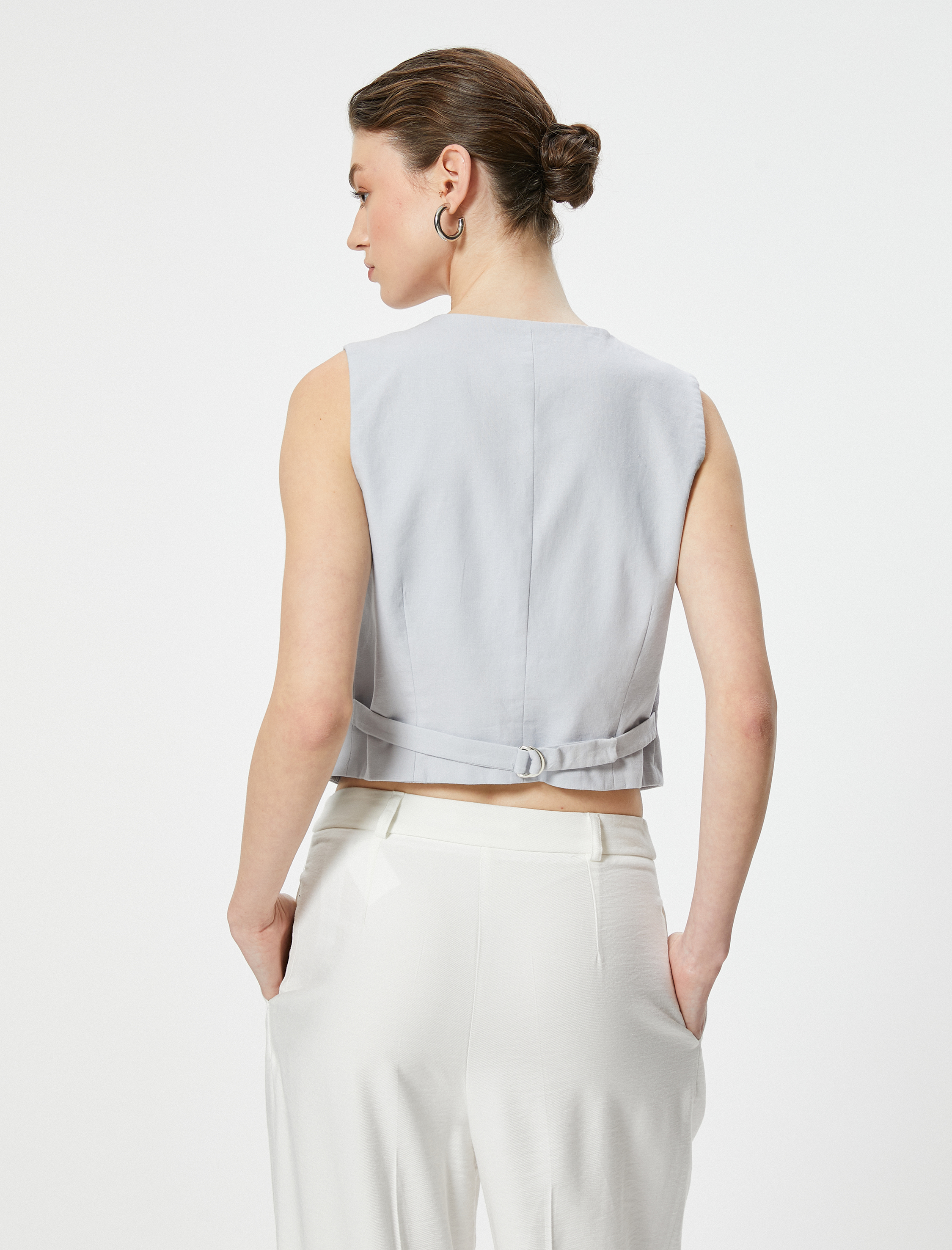   Keten Karışımlı Blazer Yelek V Yaka Düğmeli Fleto Cepli