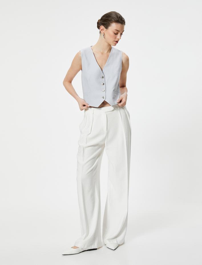  Keten Karışımlı Blazer Yelek V Yaka Düğmeli Fleto Cepli