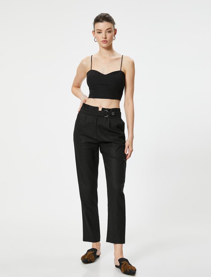  Keten Karışımlı Pantolon Düz Paça Kemer Detaylı