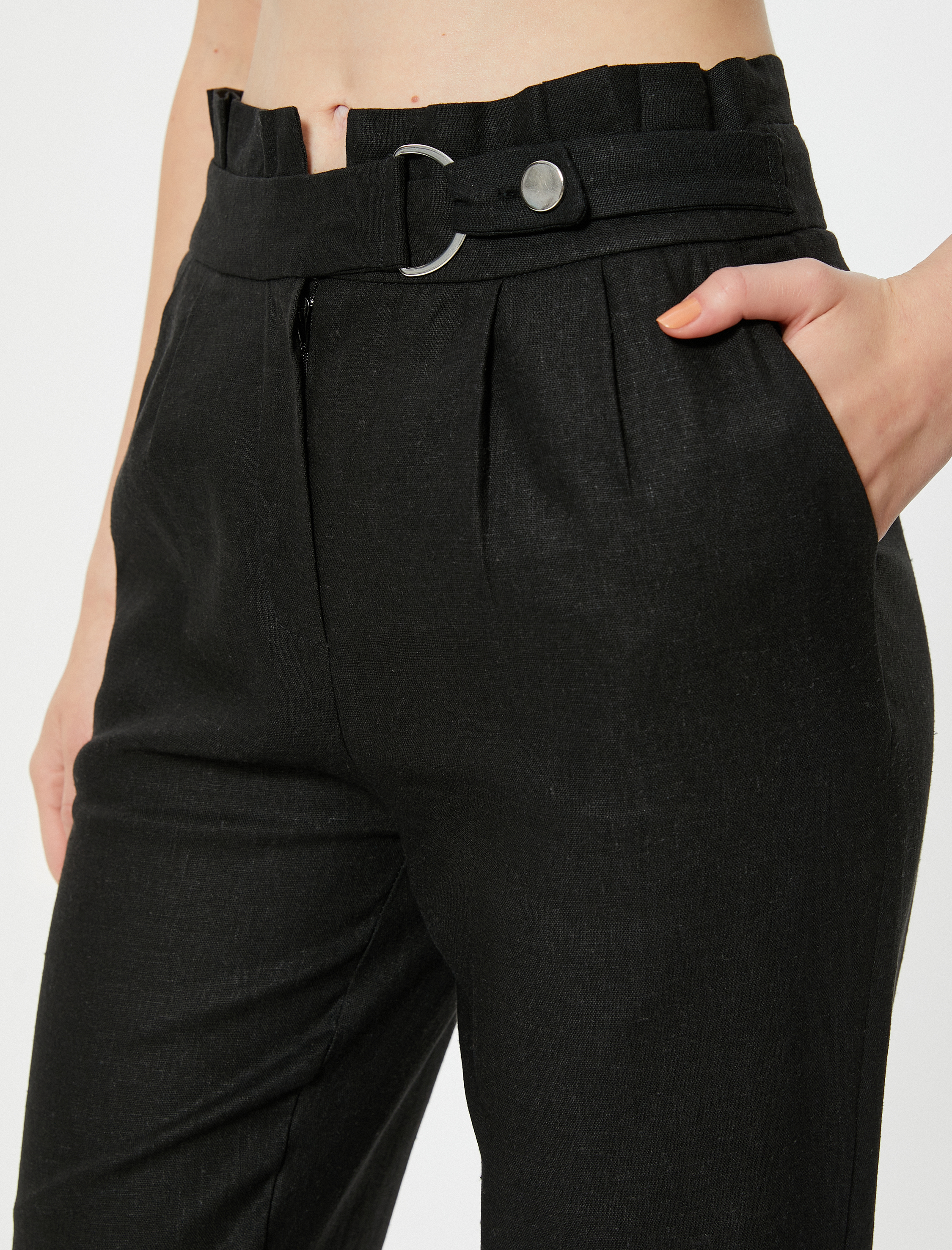   Keten Karışımlı Pantolon Düz Paça Kemer Detaylı