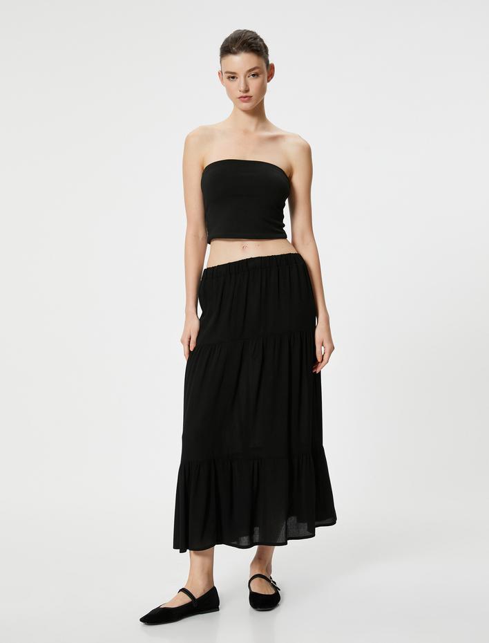  Kloş Midi Etek Beli Lastikli Viskon Kumaş