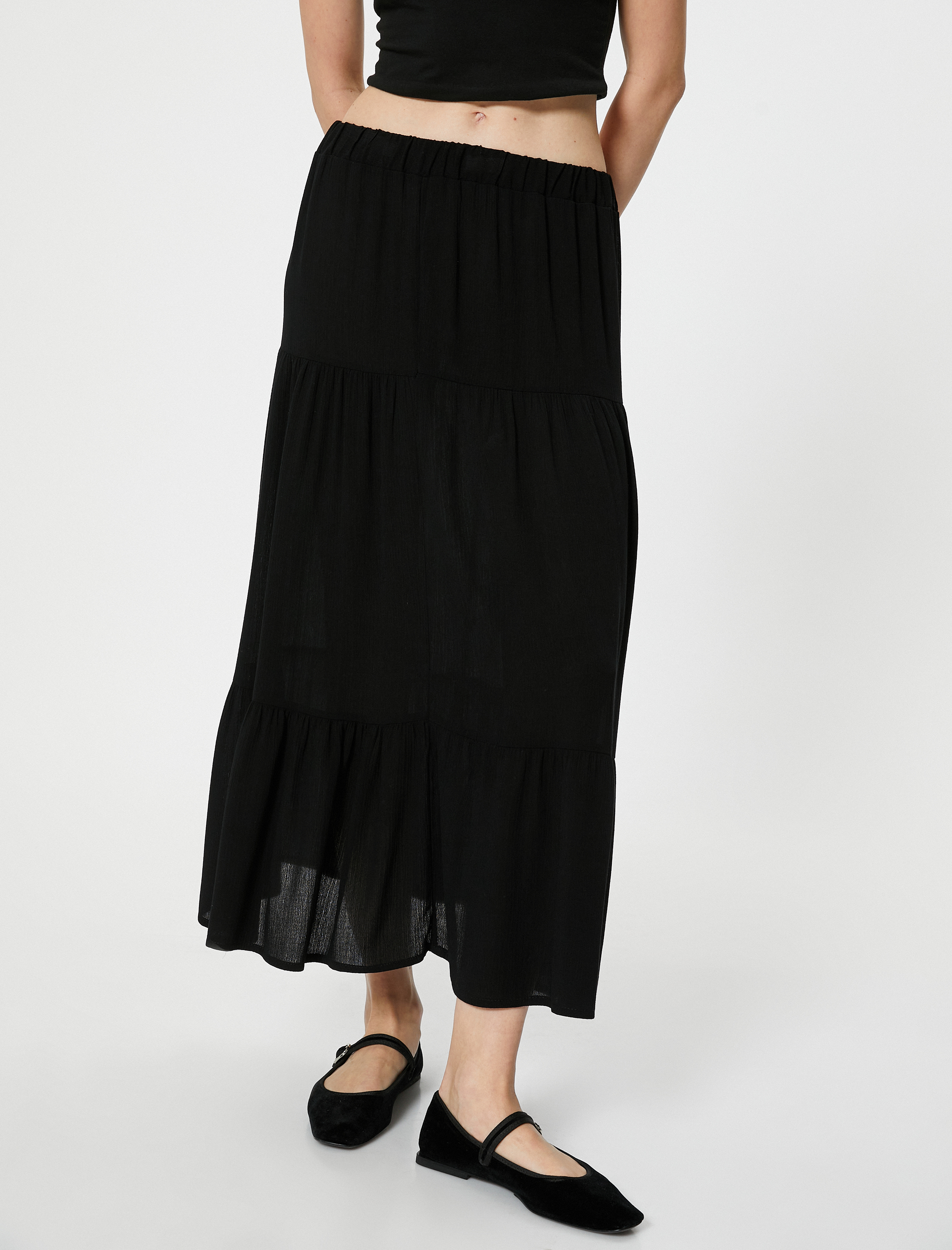   Kloş Midi Etek Beli Lastikli Viskon Kumaş