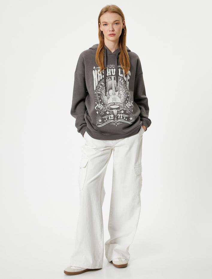  Slogan Baskılı Kapşonlu Sweatshirt Relax Fit Şardonlu