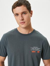 Slim Fit Tişört Slogan Baskılı Bisiklet Yaka Kısa Kollu Pamuklu