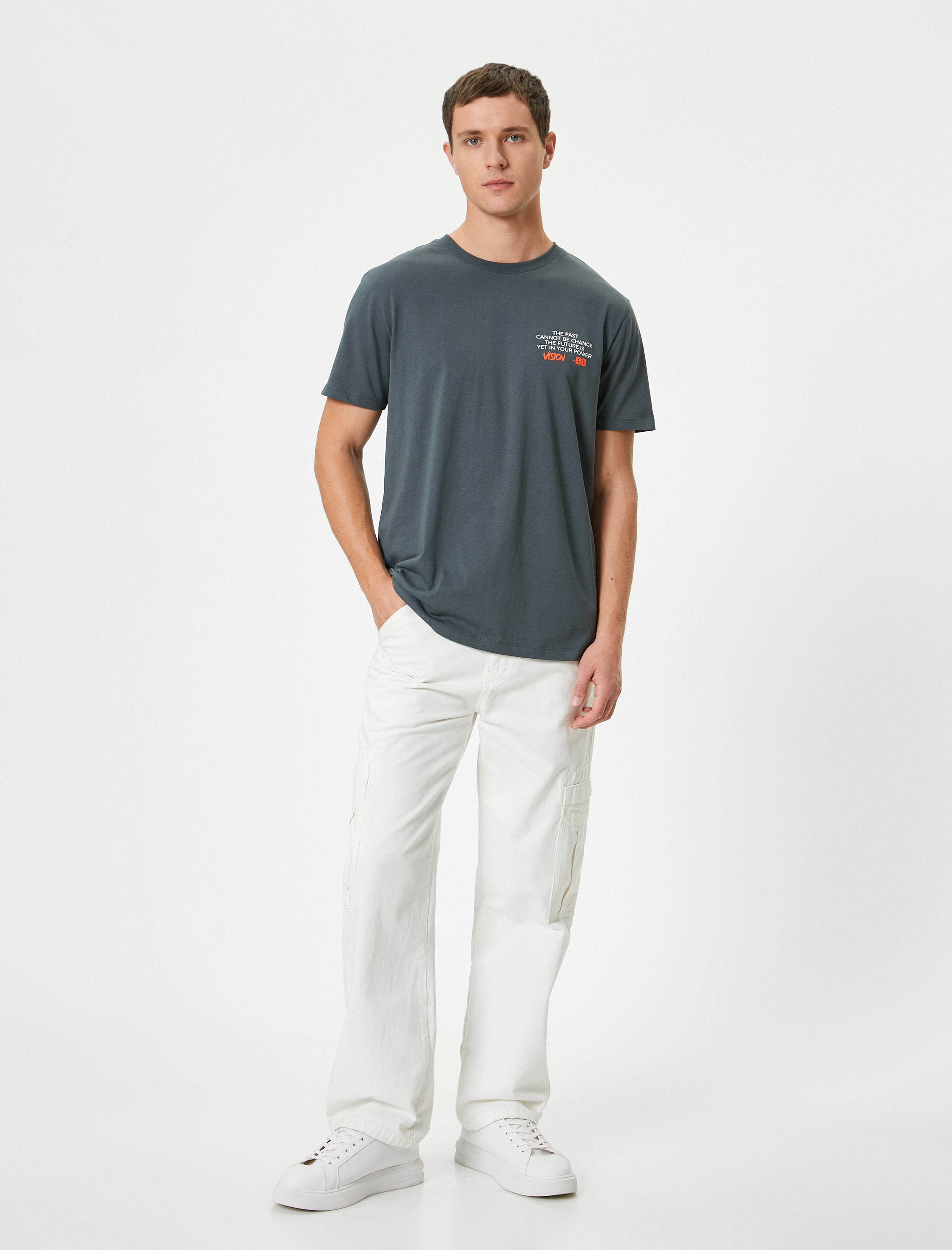   Slim Fit Tişört Slogan Baskılı Bisiklet Yaka Kısa Kollu Pamuklu