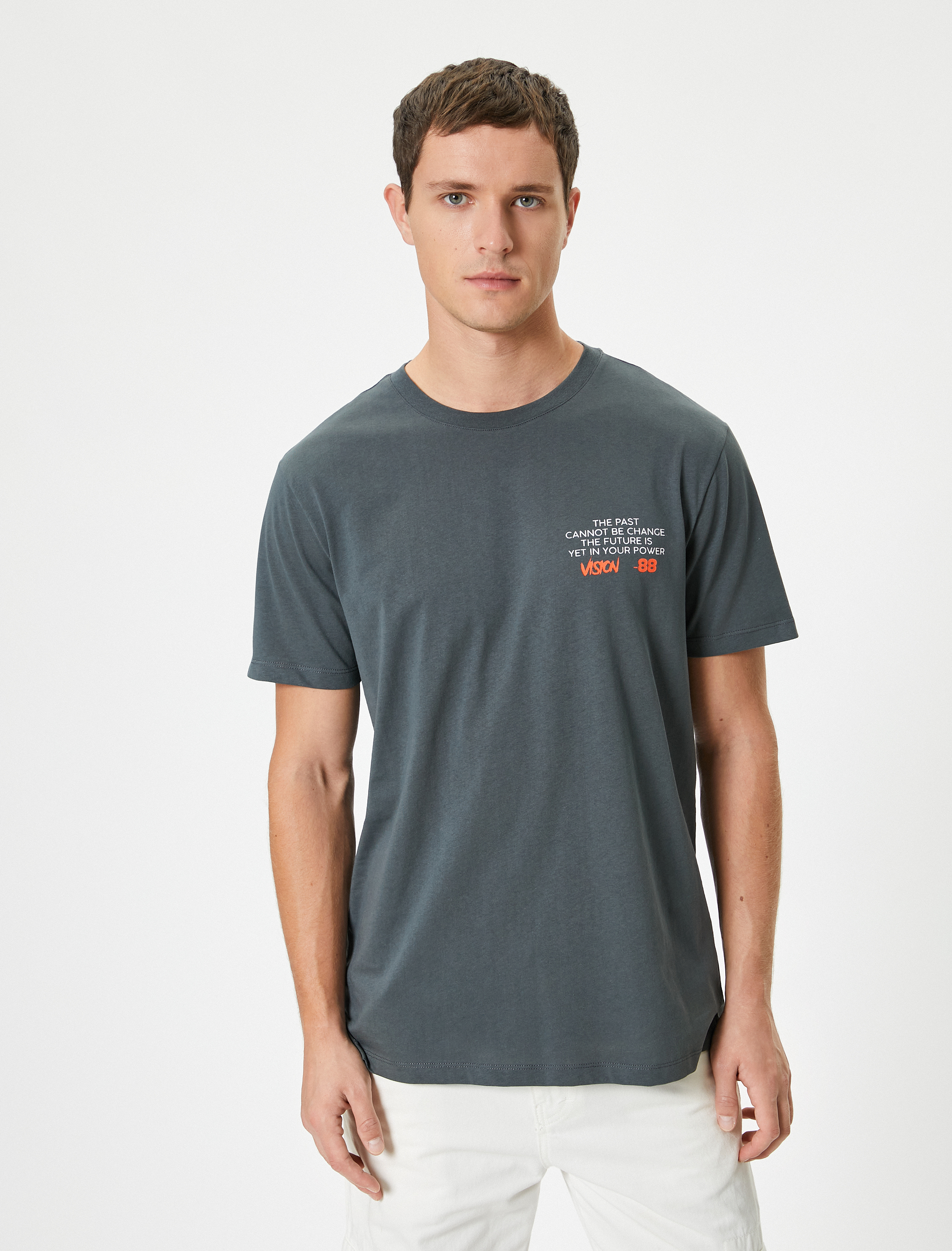   Slim Fit Tişört Slogan Baskılı Bisiklet Yaka Kısa Kollu Pamuklu