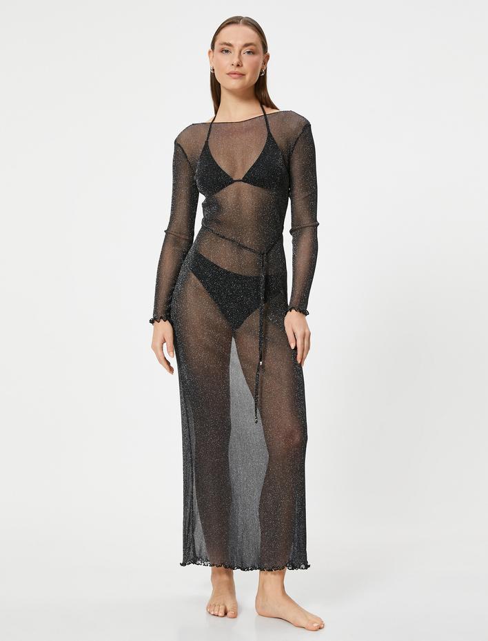  Tül Plaj Elbisesi Uzun Parlak  Metalik İplik Detaylı Beli Bağcıklı