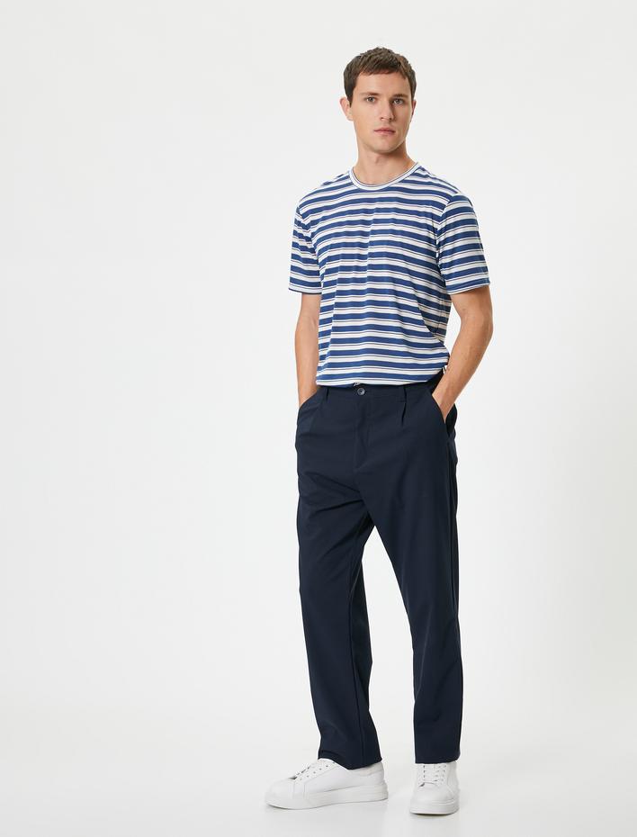  Bisiklet Yaka Kısa Kollu Regular Fit Viskon Karışımlı Çizgili Tişört