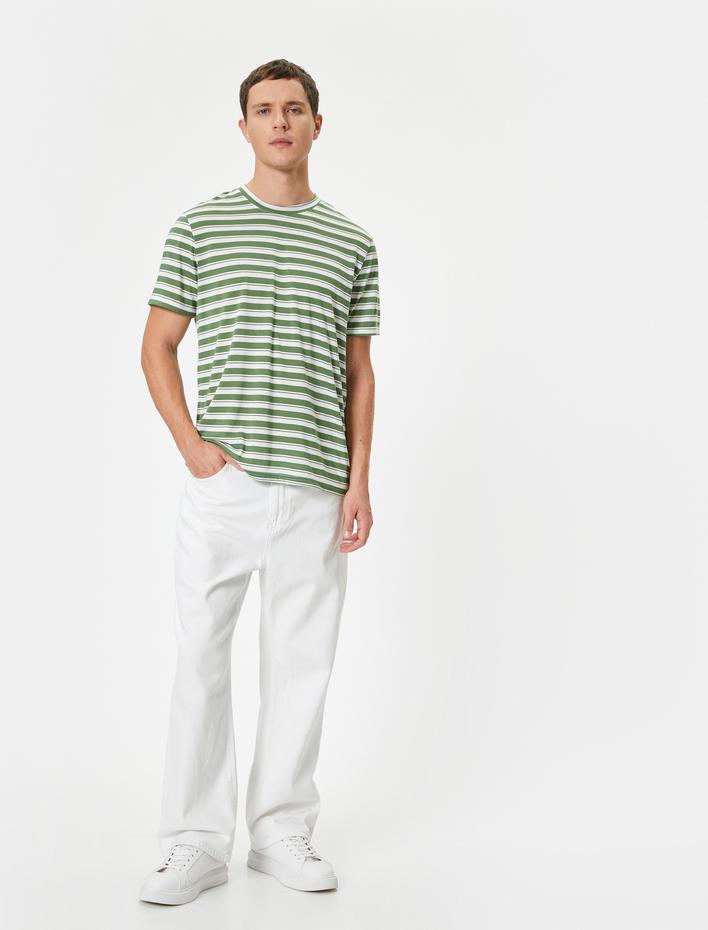  Bisiklet Yaka Kısa Kollu Regular Fit Viskon Karışımlı Çizgili Tişört