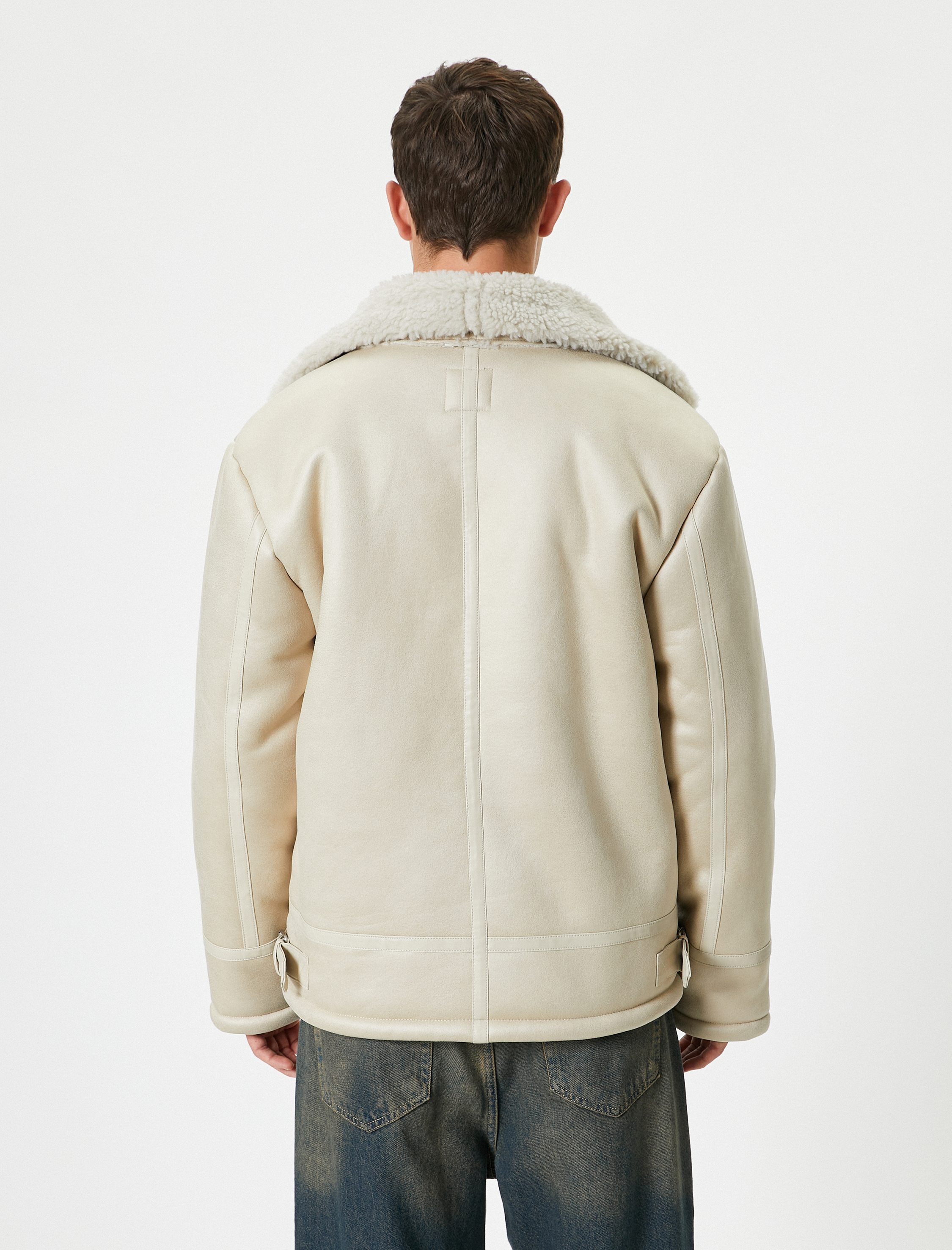   Süet Görünümlü Biker Ceket Peluş Yaka Slim Fit