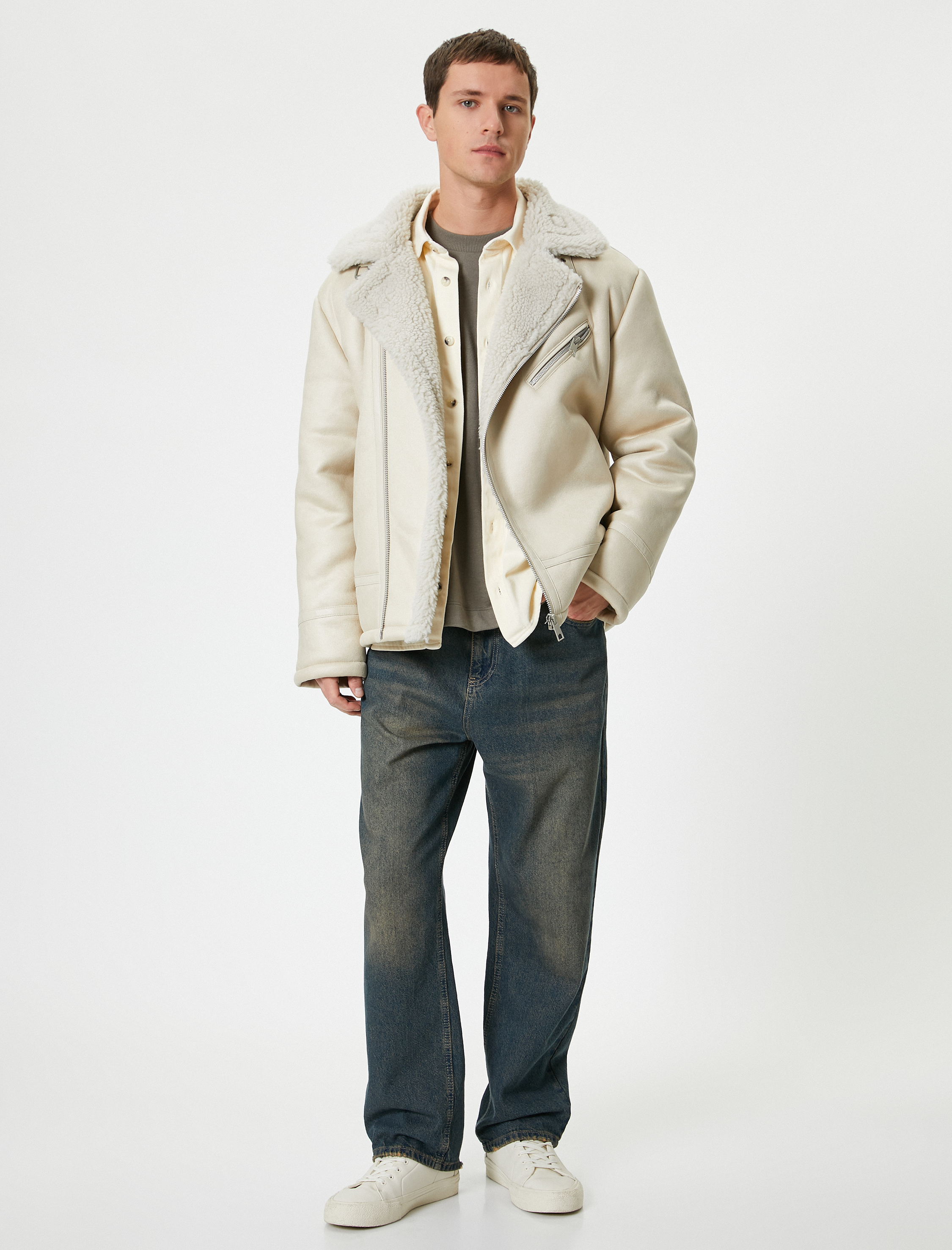   Süet Görünümlü Biker Ceket Peluş Yaka Slim Fit