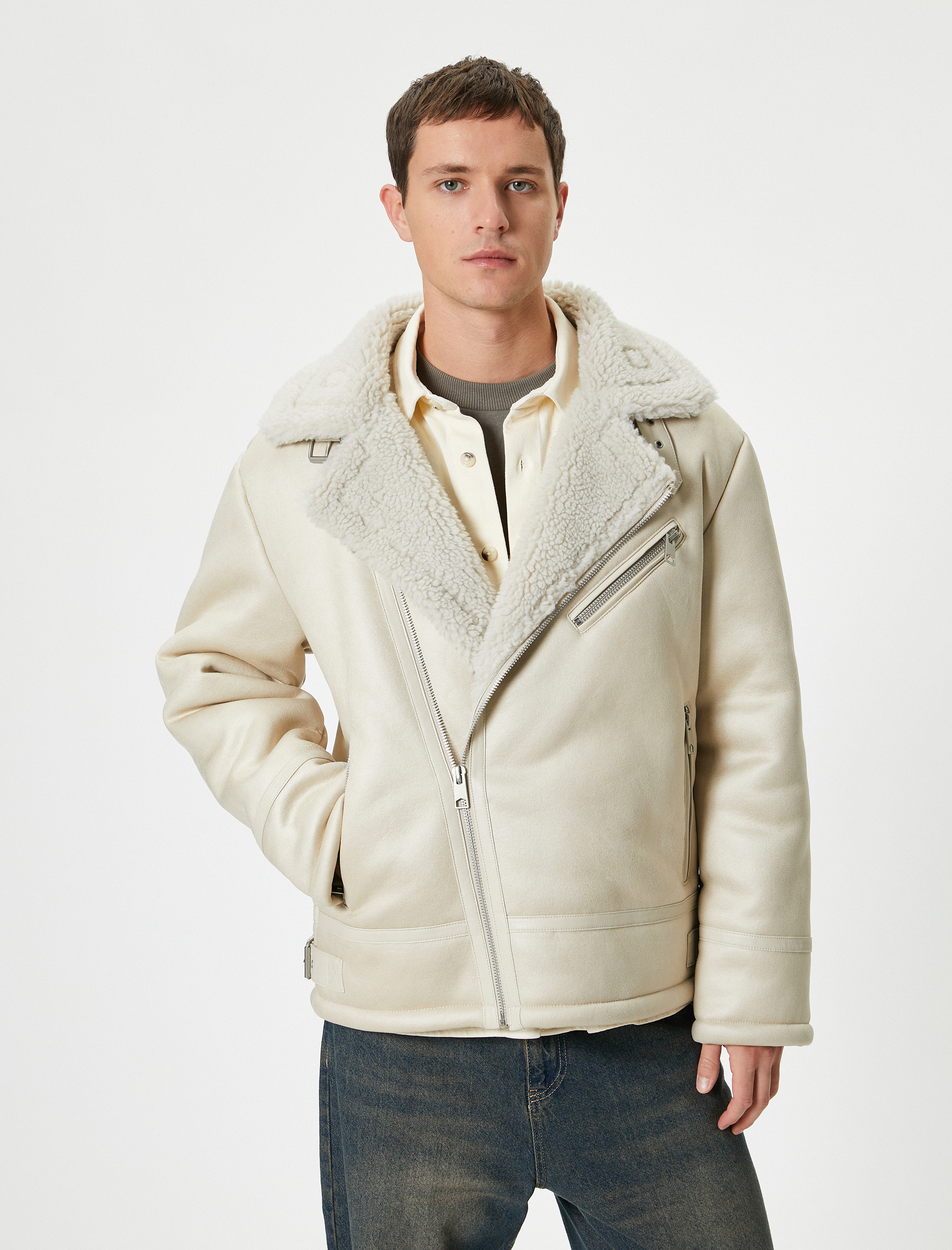   Süet Görünümlü Biker Ceket Peluş Yaka Slim Fit