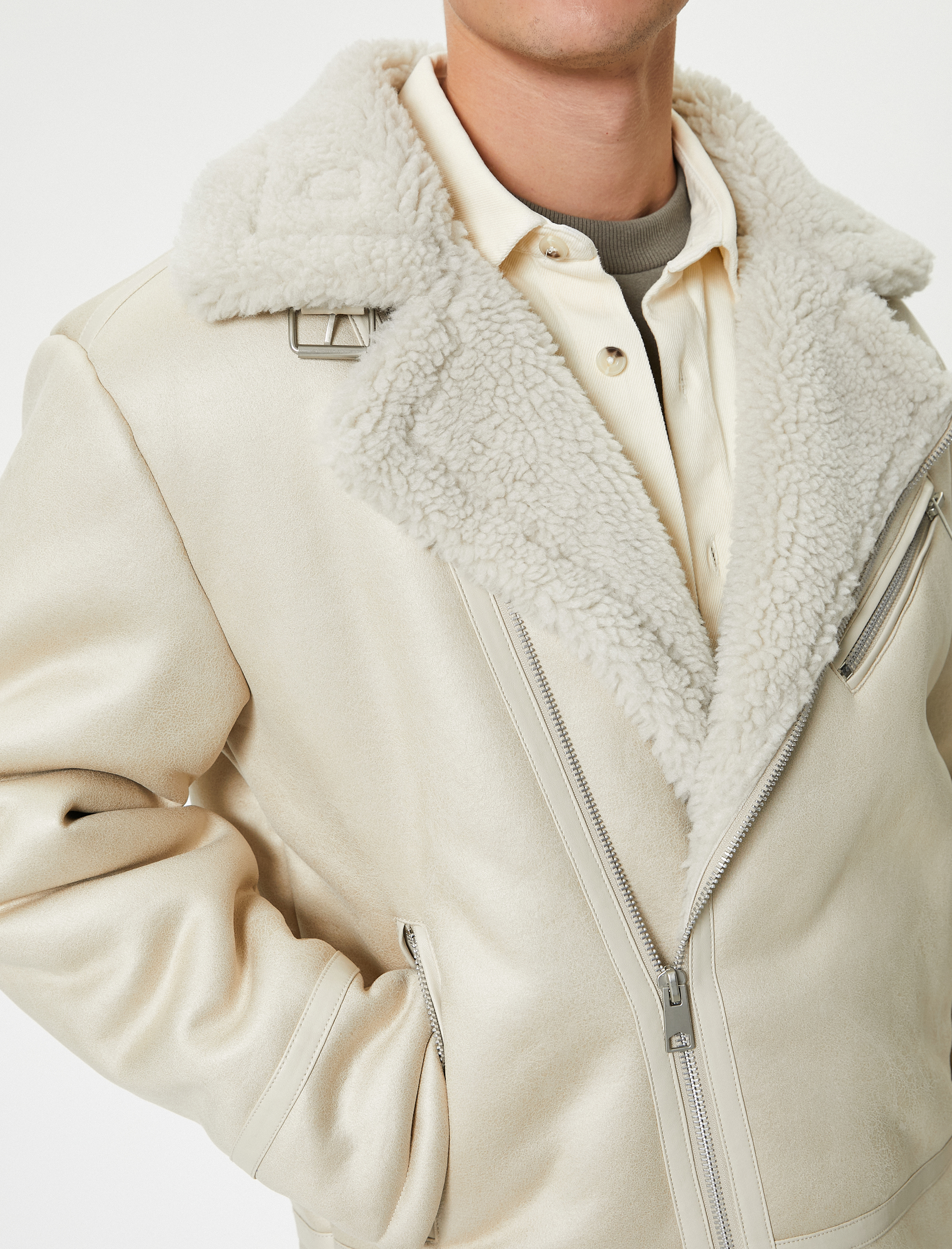   Süet Görünümlü Biker Ceket Peluş Yaka Slim Fit