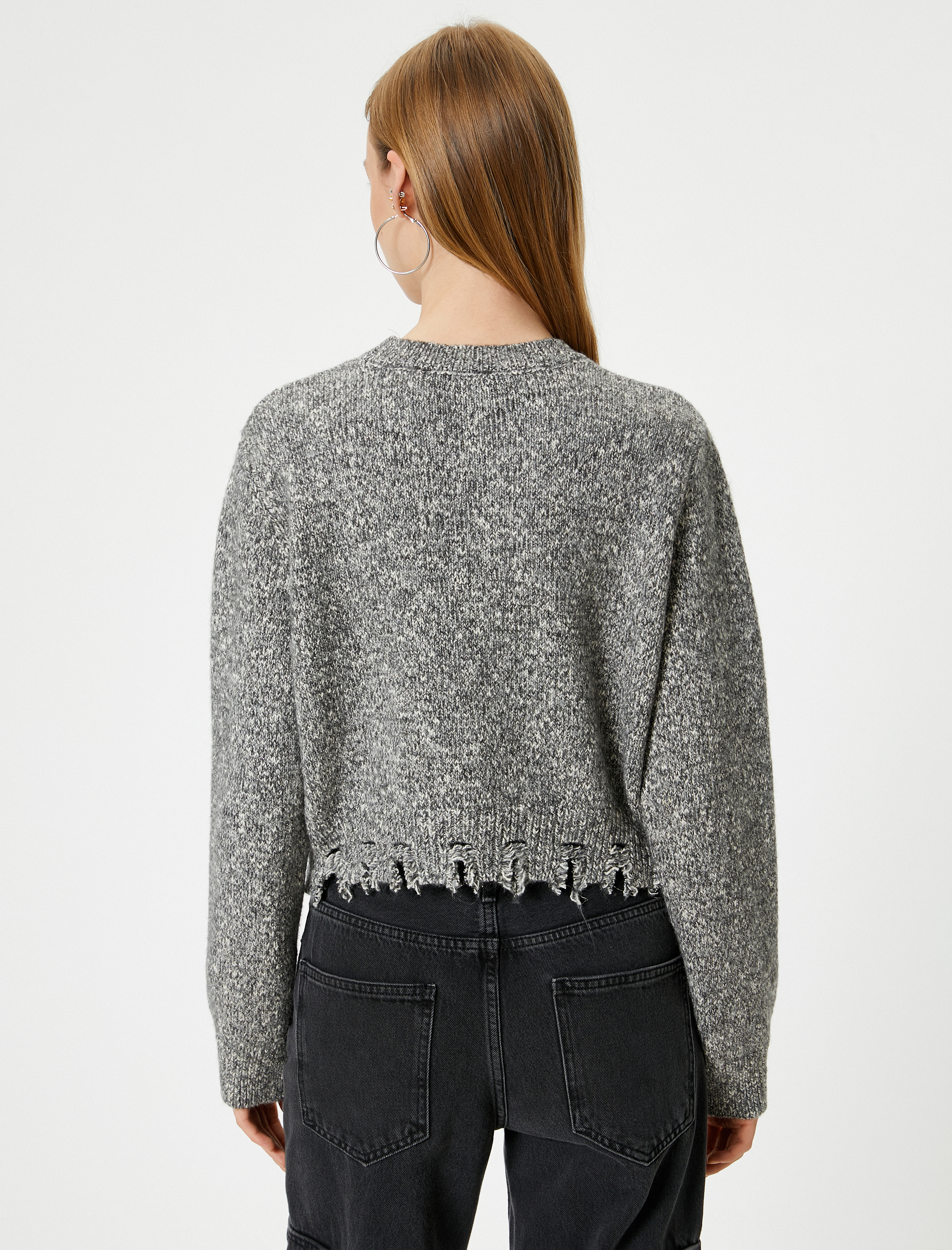   Kırçıllı Triko Kazak Yırtık Detaylı Uzun Kollu Bisiklet Yaka