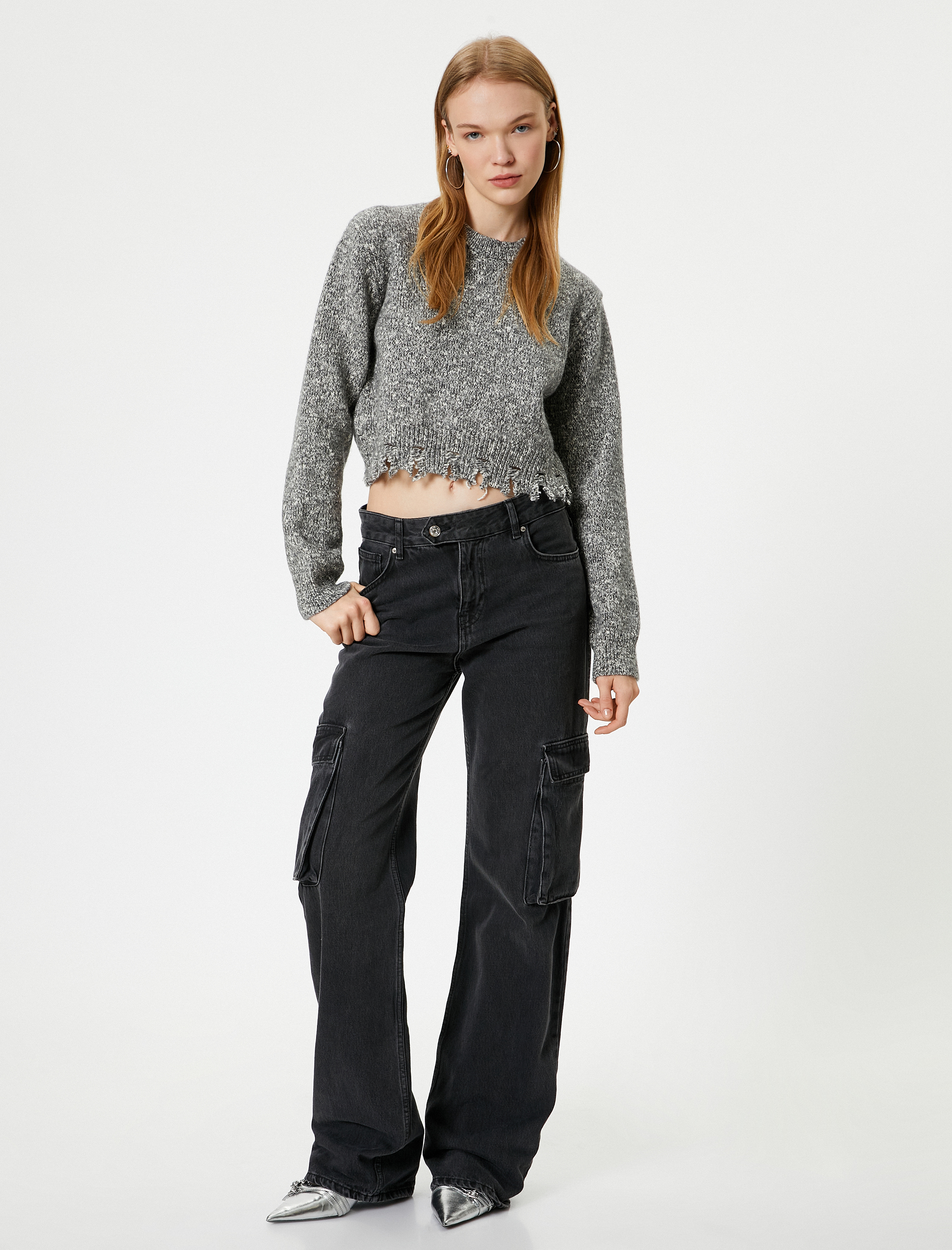   Kırçıllı Triko Kazak Yırtık Detaylı Uzun Kollu Bisiklet Yaka