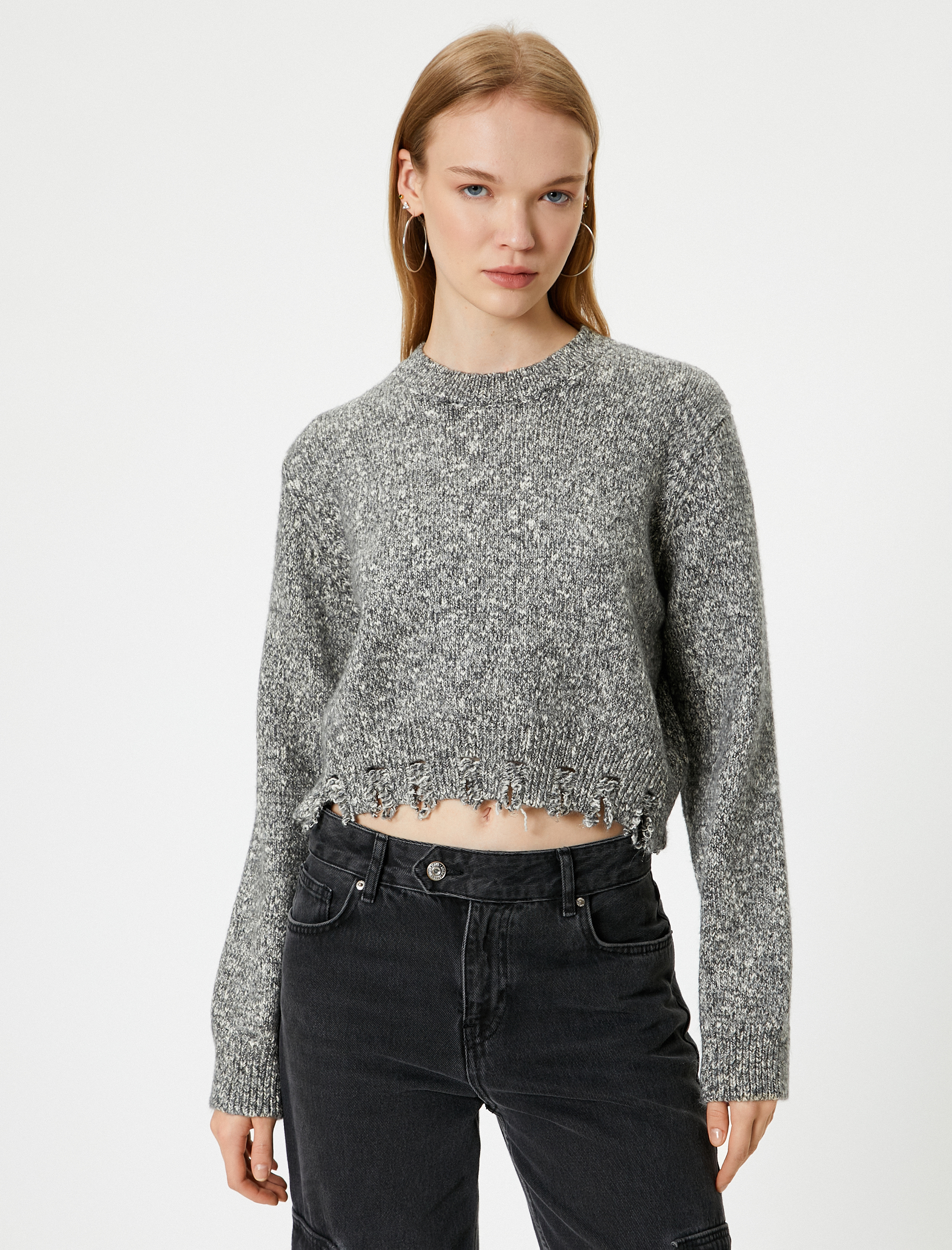   Kırçıllı Triko Kazak Yırtık Detaylı Uzun Kollu Bisiklet Yaka