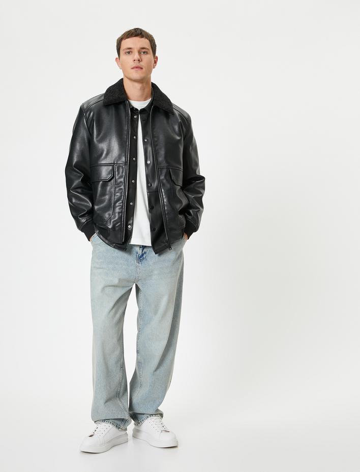  Suni Kürklü Deri Ceket Cepli Slim Fit