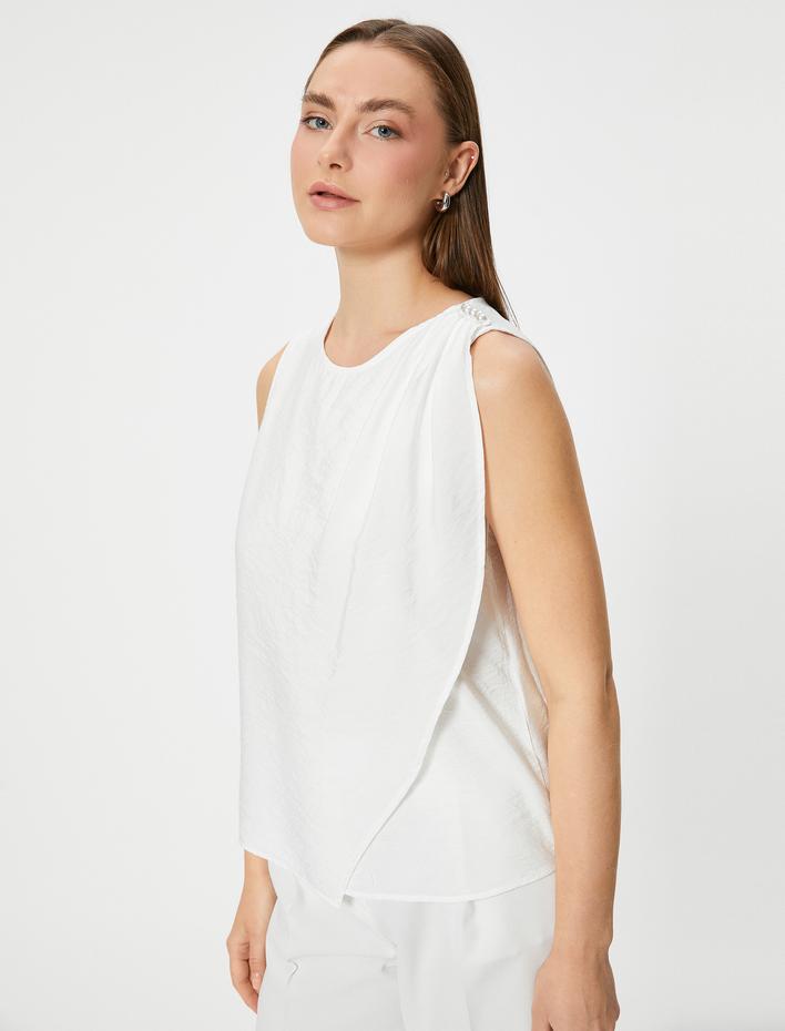  Kolsuz Bluz İnci Detaylı Yuvarlak Yaka Viskon Kumaş