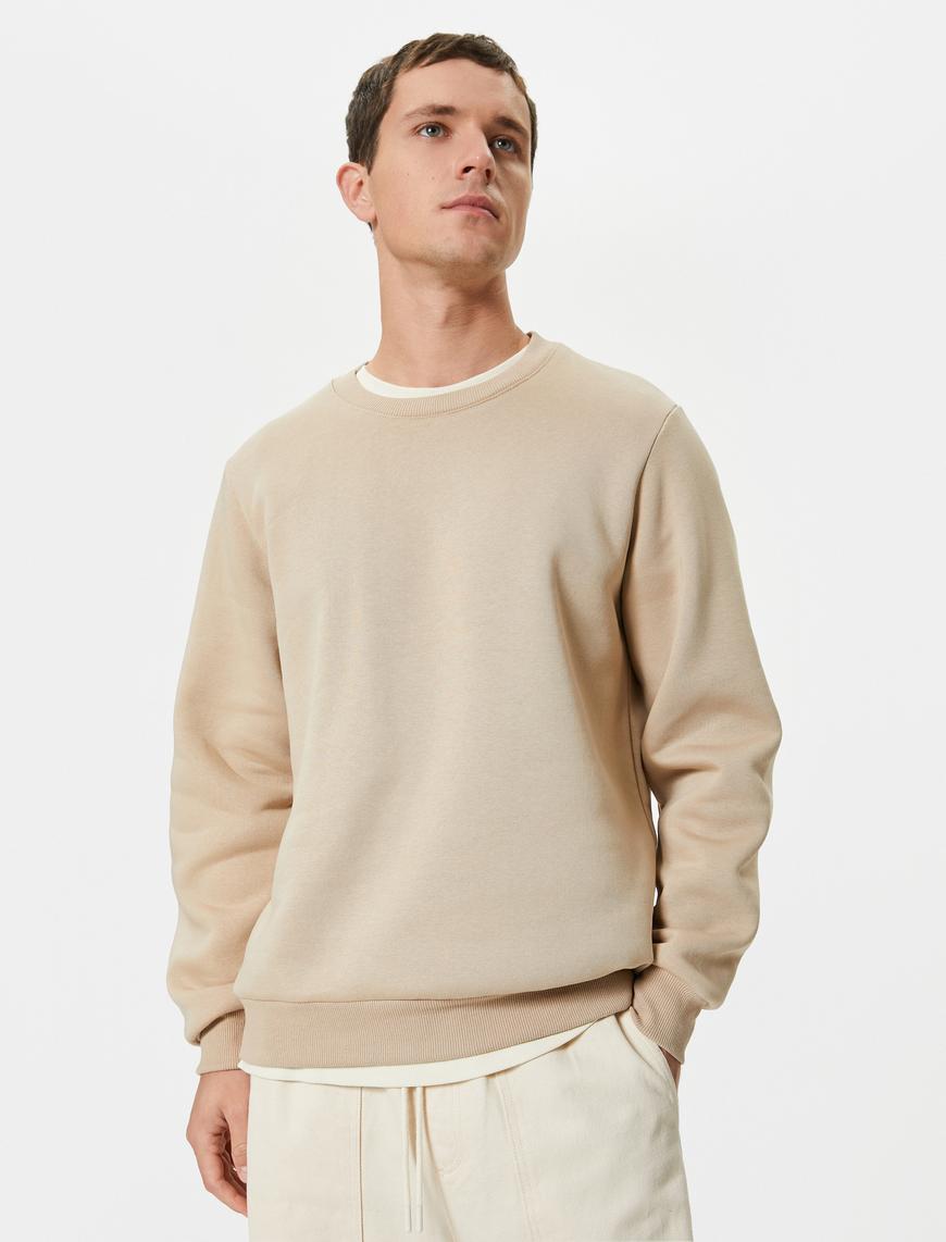   Bisiklet Yaka Sweatshirt Basic Uzun Kollu Şardonlu