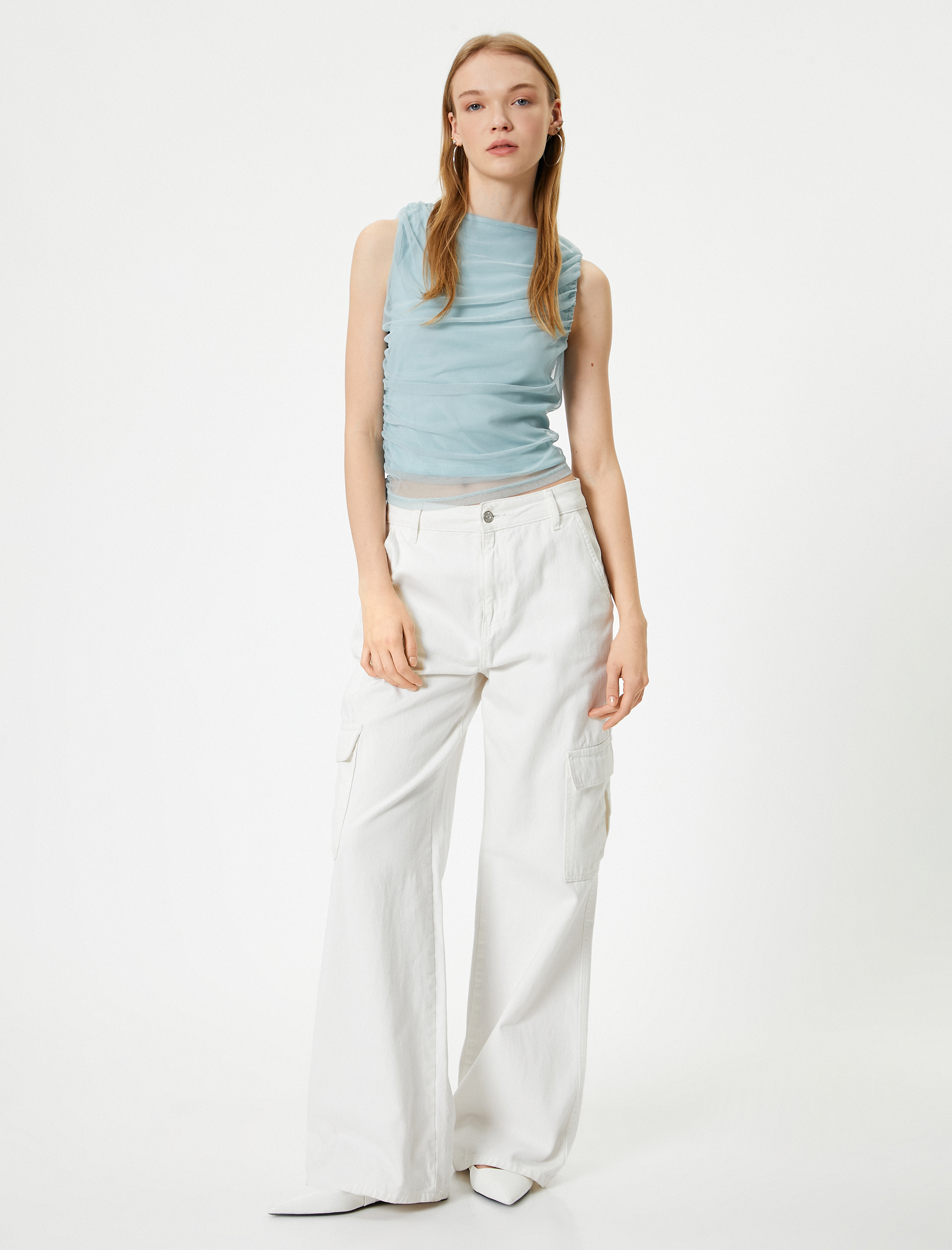 Drapeli Bluz Kolsuz Tül Detaylı Bisiklet Yaka Slim Fit
