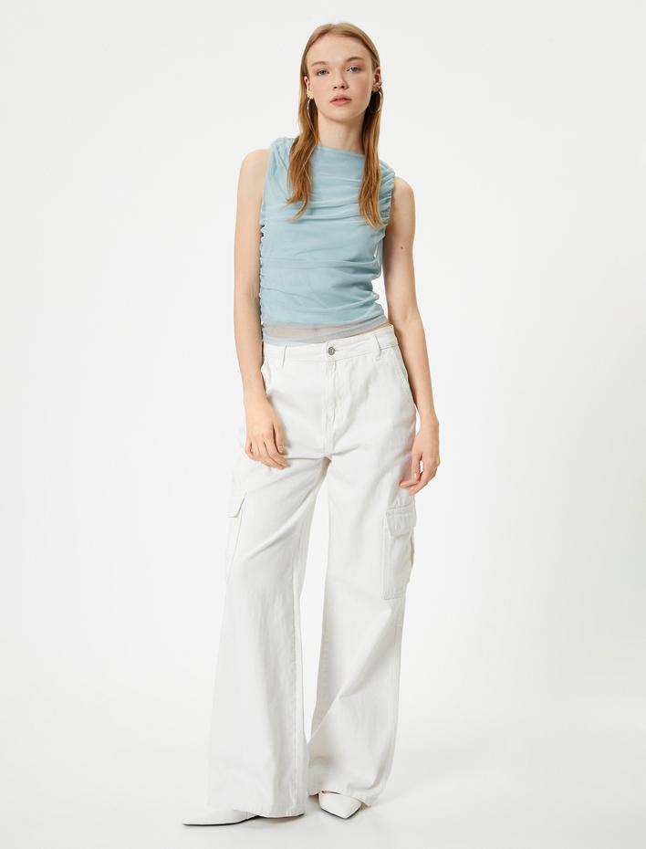  Drapeli Bluz Kolsuz Tül Detaylı Bisiklet Yaka Slim Fit