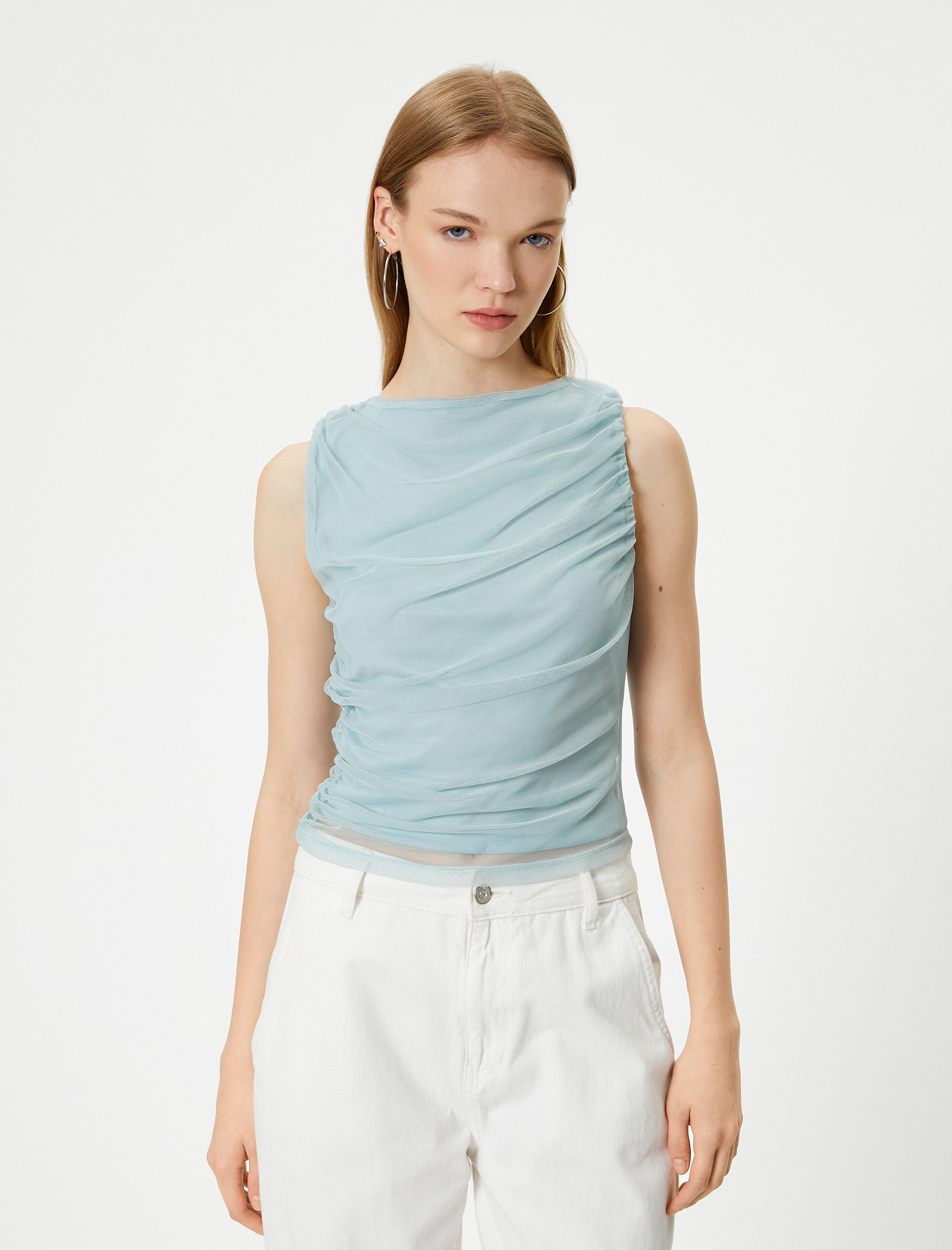 Drapeli Bluz Kolsuz Tül Detaylı Bisiklet Yaka Slim Fit