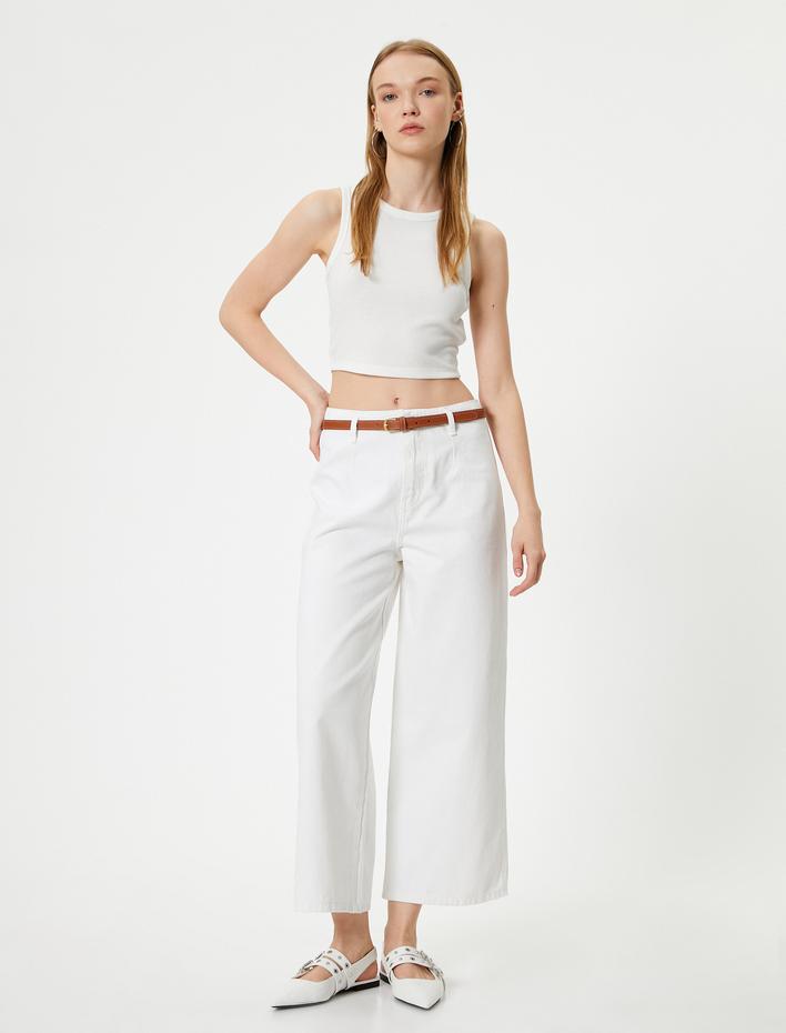  Geniş Paça Kemerli Kot Pantolon Yüksek Bel - Bianca Crop Jean