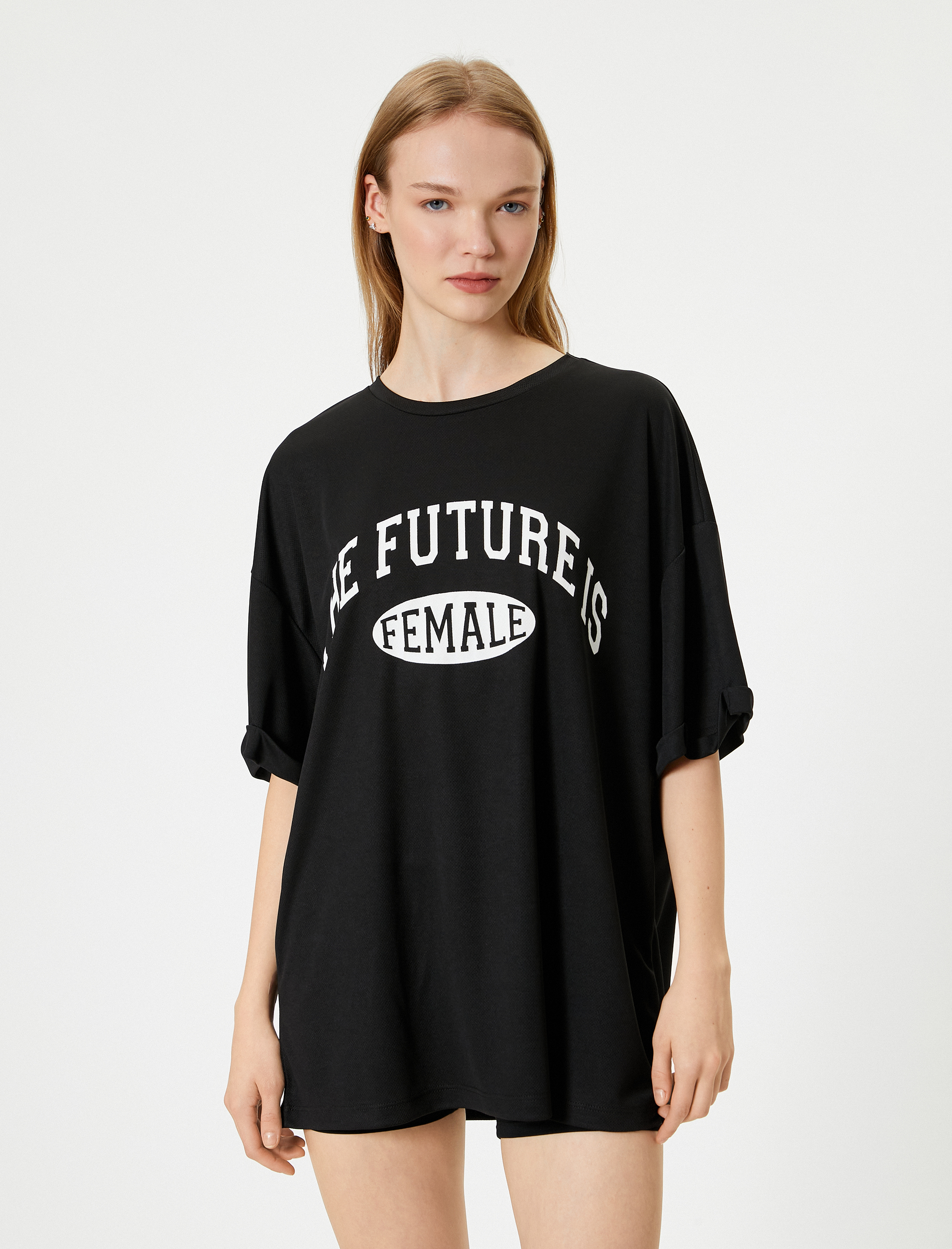   Oversize Tişört Bisiklet Yaka Slogan Baskılı Kısa Kollu