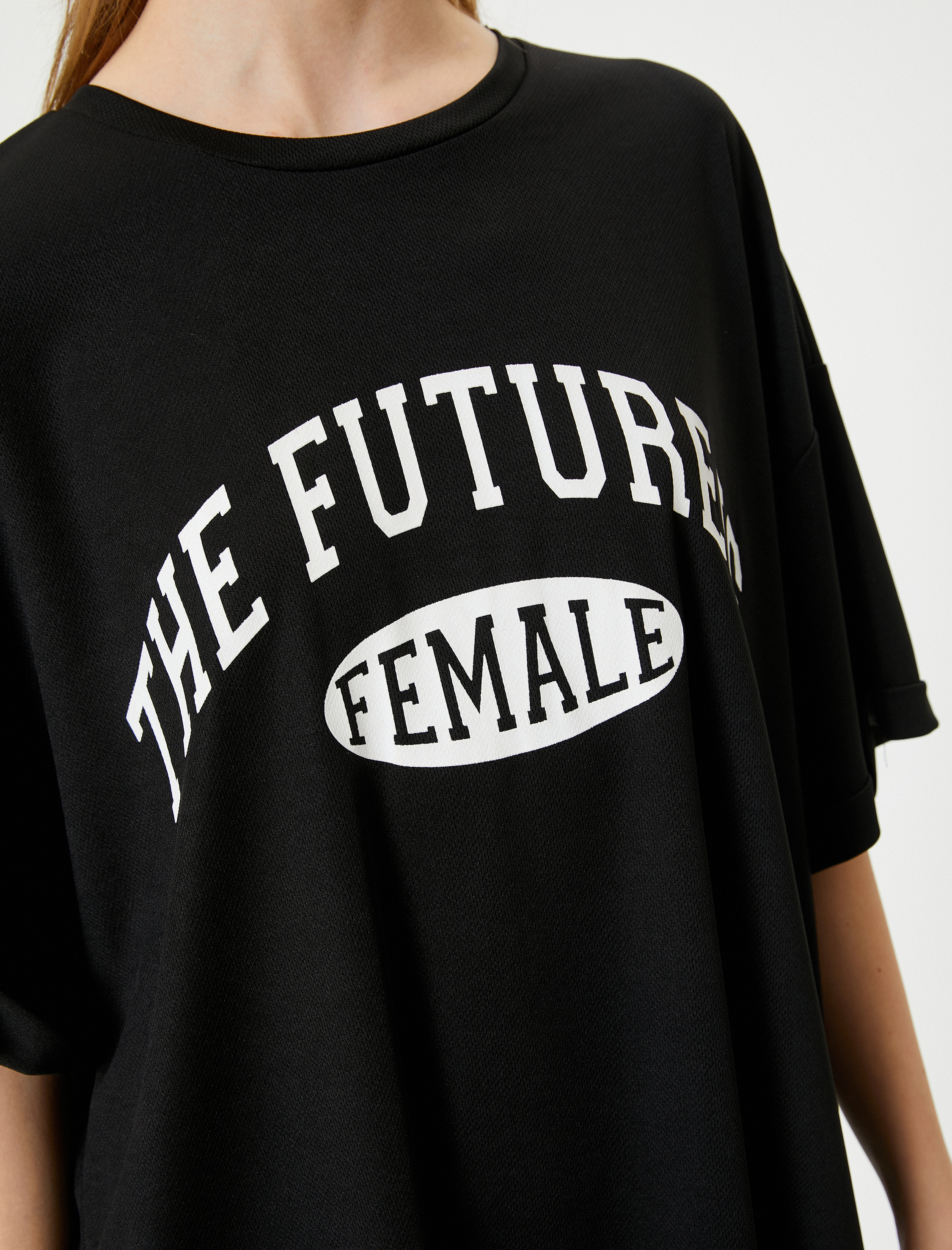   Oversize Tişört Bisiklet Yaka Slogan Baskılı Kısa Kollu