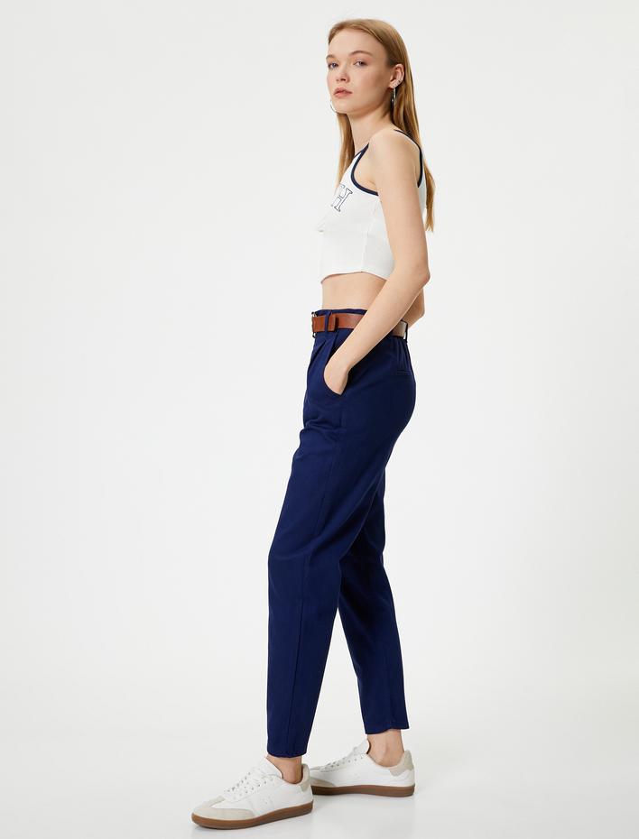  Havuç Pantolon Kemerli Crop Paça Cepli Pamuklu Rahat Kalıp