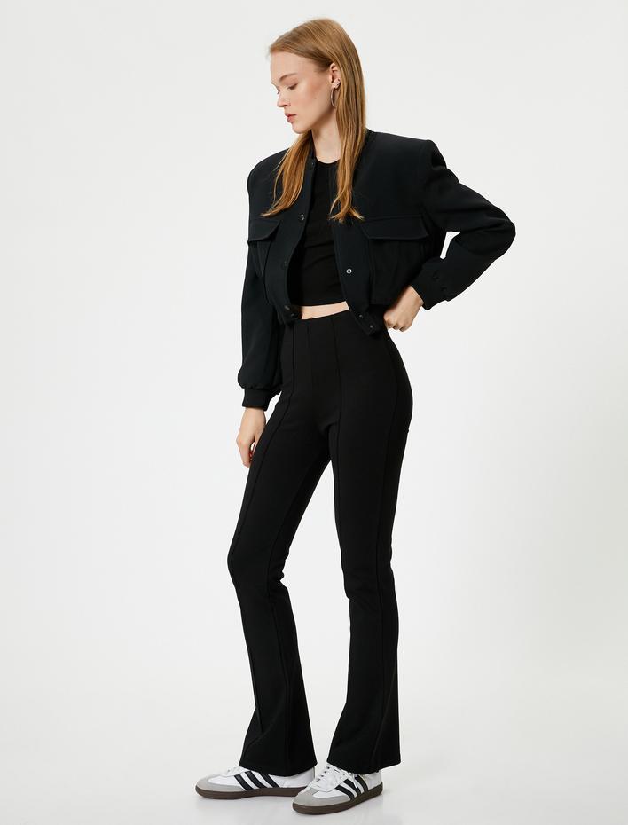  İspanyol Paça Tayt Pantolon Nervürlü Yüksek Bel Slim Fit