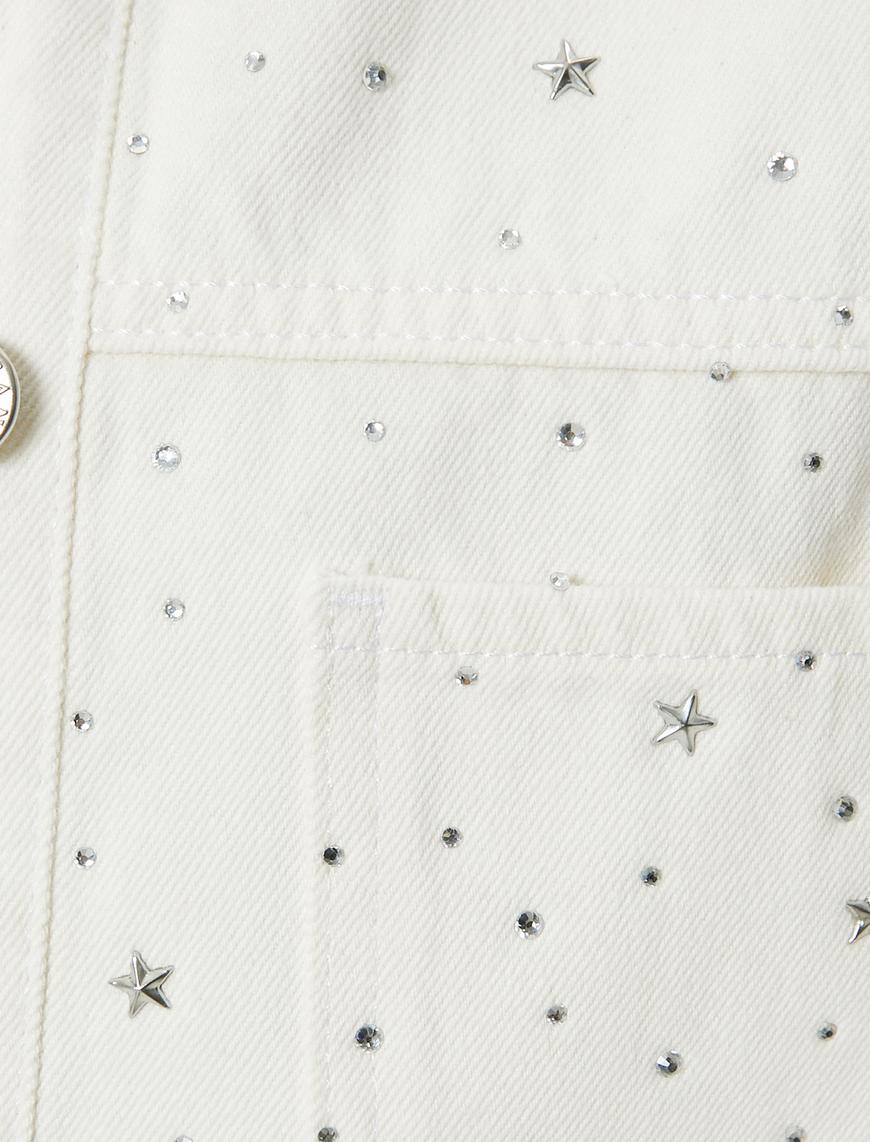   Taşlı Kot Ceket Yıldız Taş Detaylı Cepli Pamuklu Uzun Kollu Gömlek Yaka