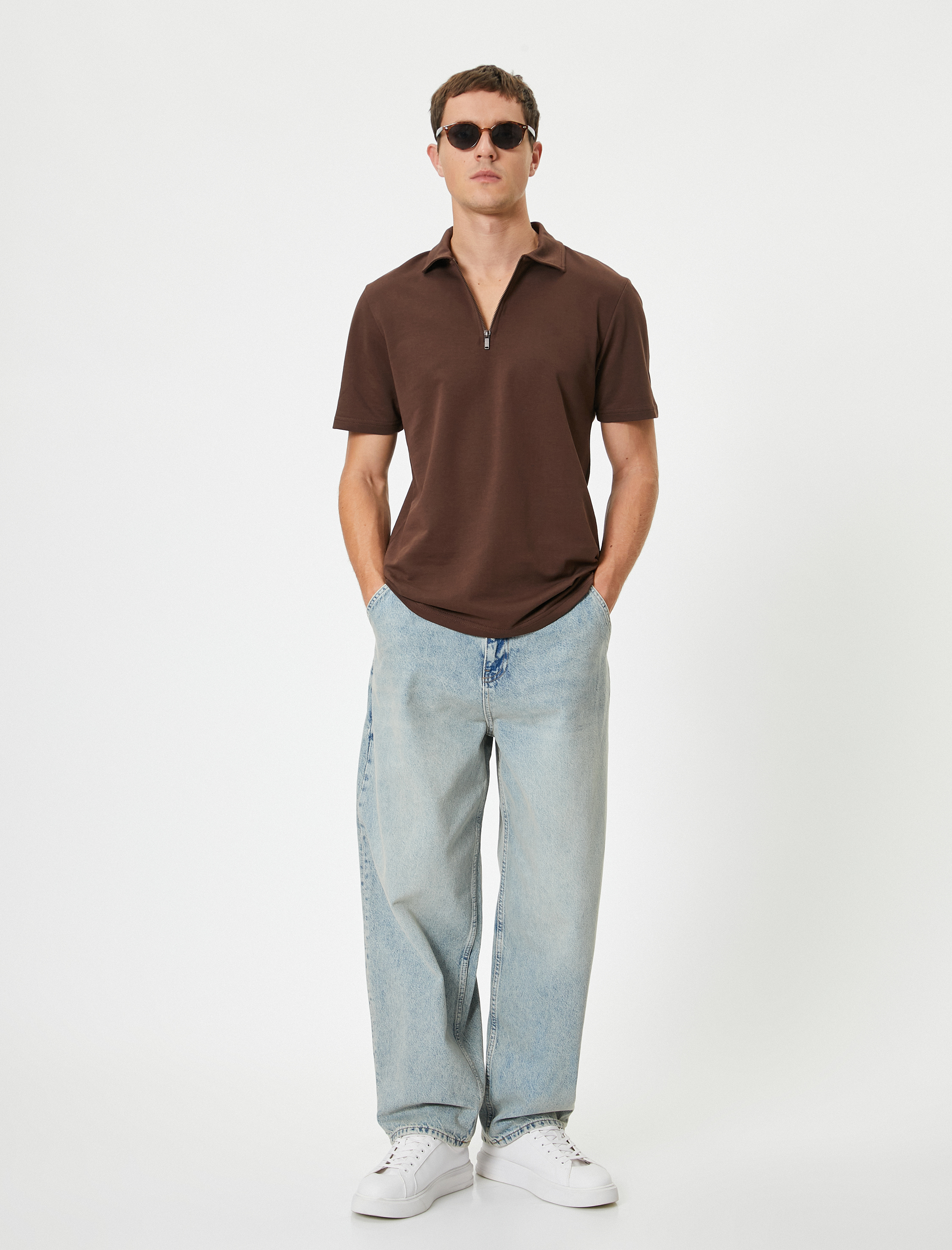   Yarım Fermuarlı Polo Tişört Kısa Kollu Pamuklu